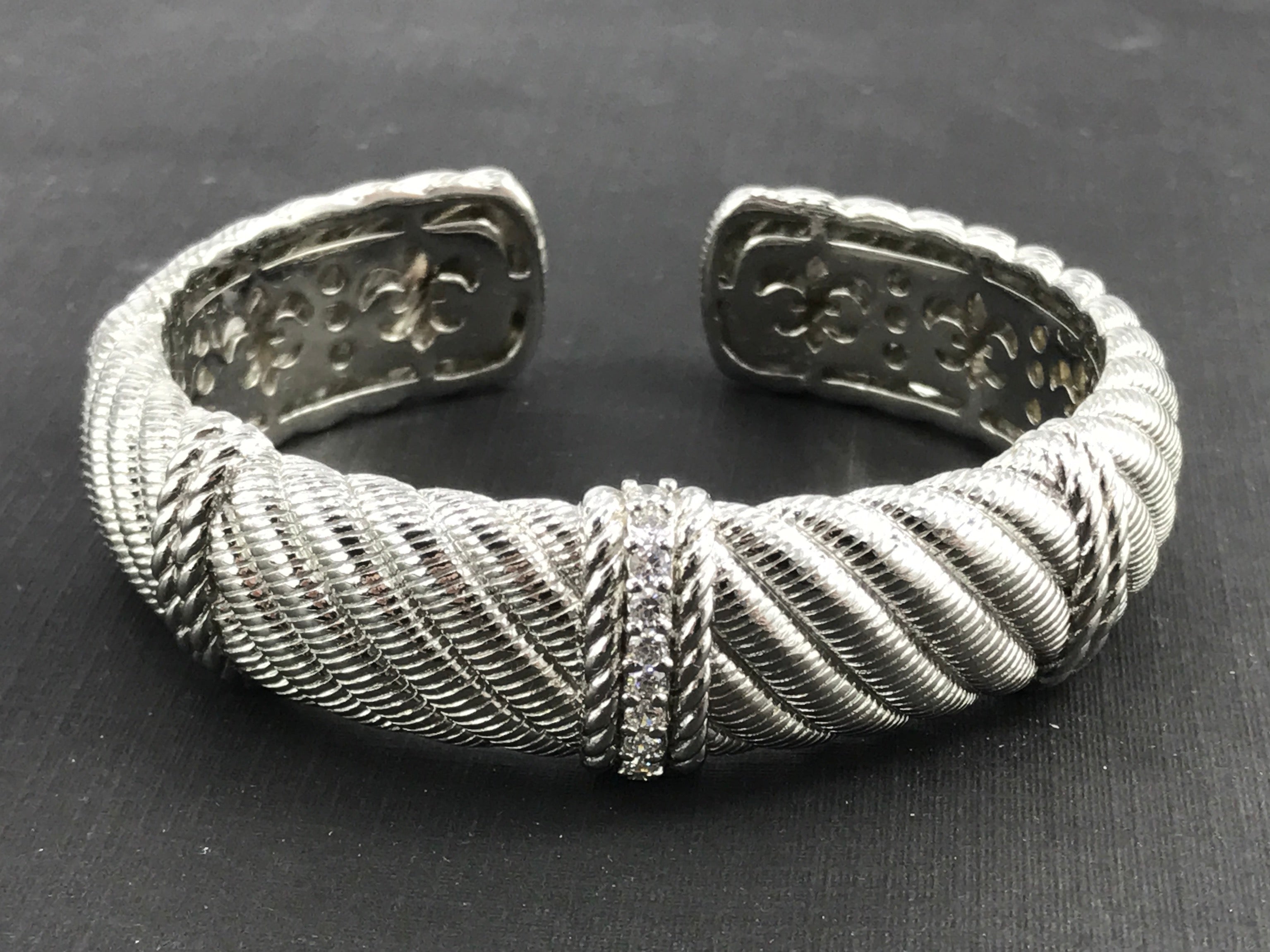Judith Ripka Sterling Silver Textured CZ Diamonique Hinged Cuff Bracelet - Queen May