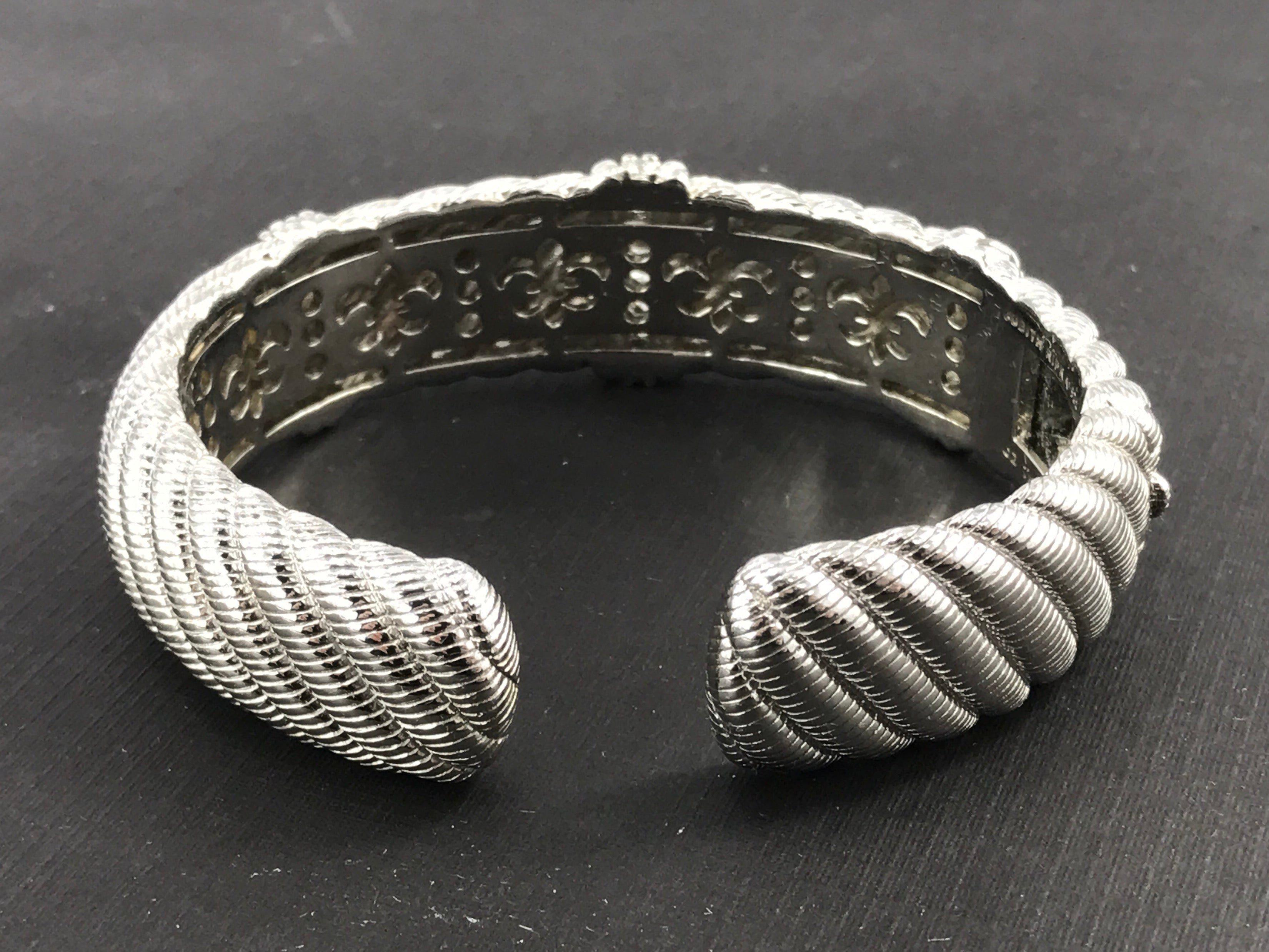 Judith Ripka Sterling Silver Textured CZ Diamonique Hinged Cuff Bracelet - Queen May