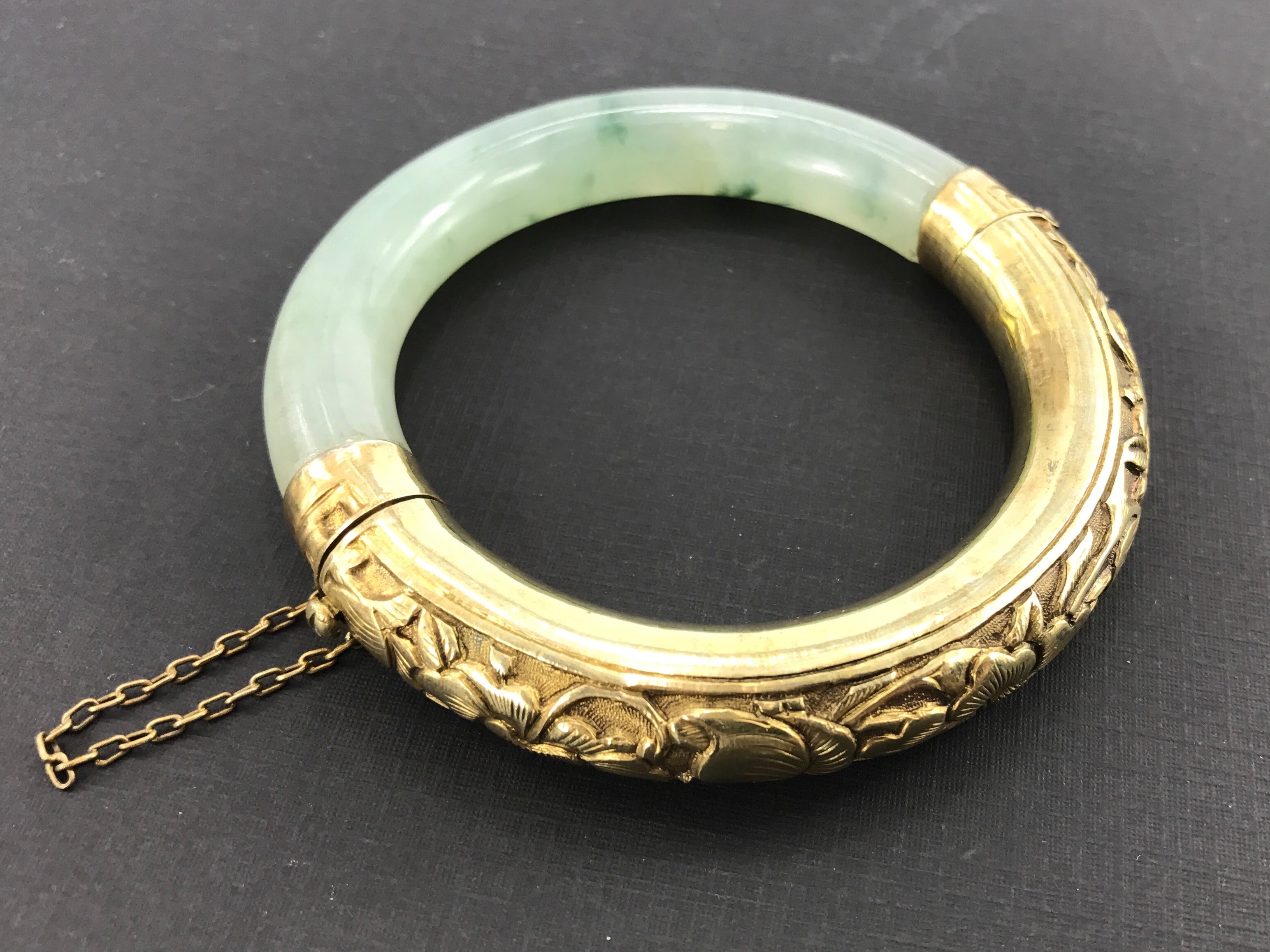 Vintage Gold Washed Silver Icy Moss in Snow Jadeite Jade Chinese Bangle Bracelet - Queen May