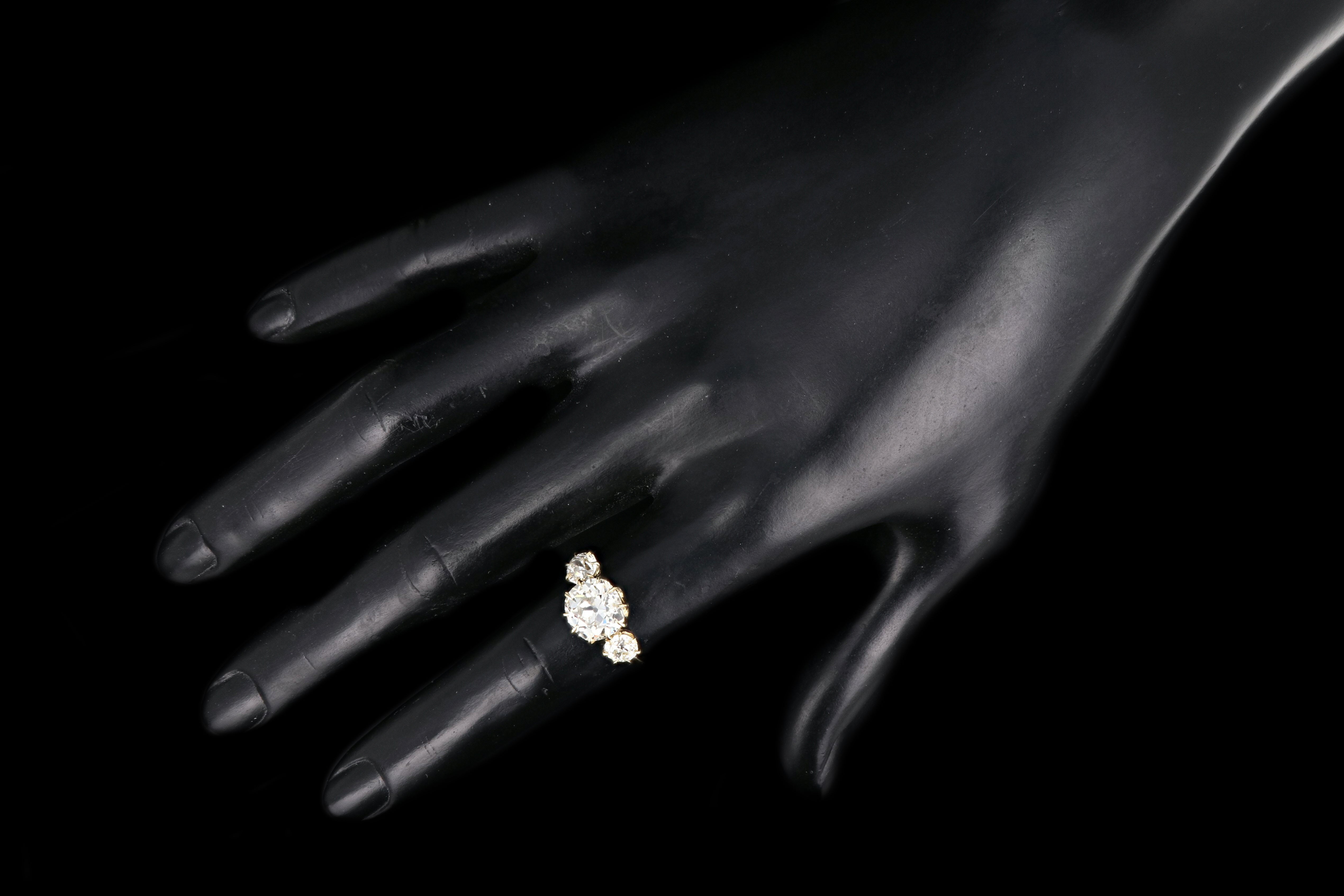 18K Yellow Gold 2.89 Carat Old Mine Cut Diamond 3 Stone Ring - Queen May