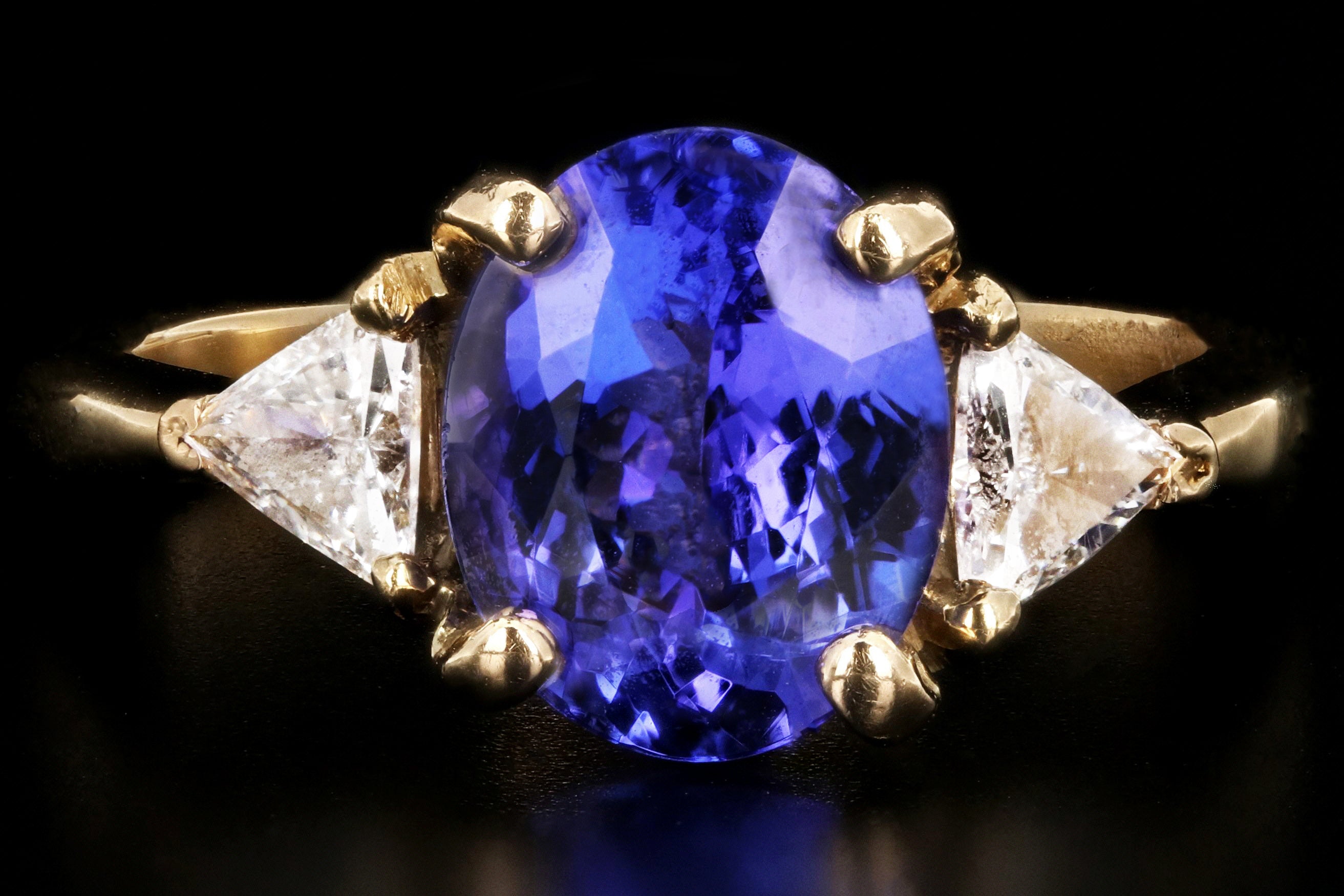Modern 14K Yellow Gold 3 Carat Tanzanite and Trillion Cut Diamond Ring - Queen May