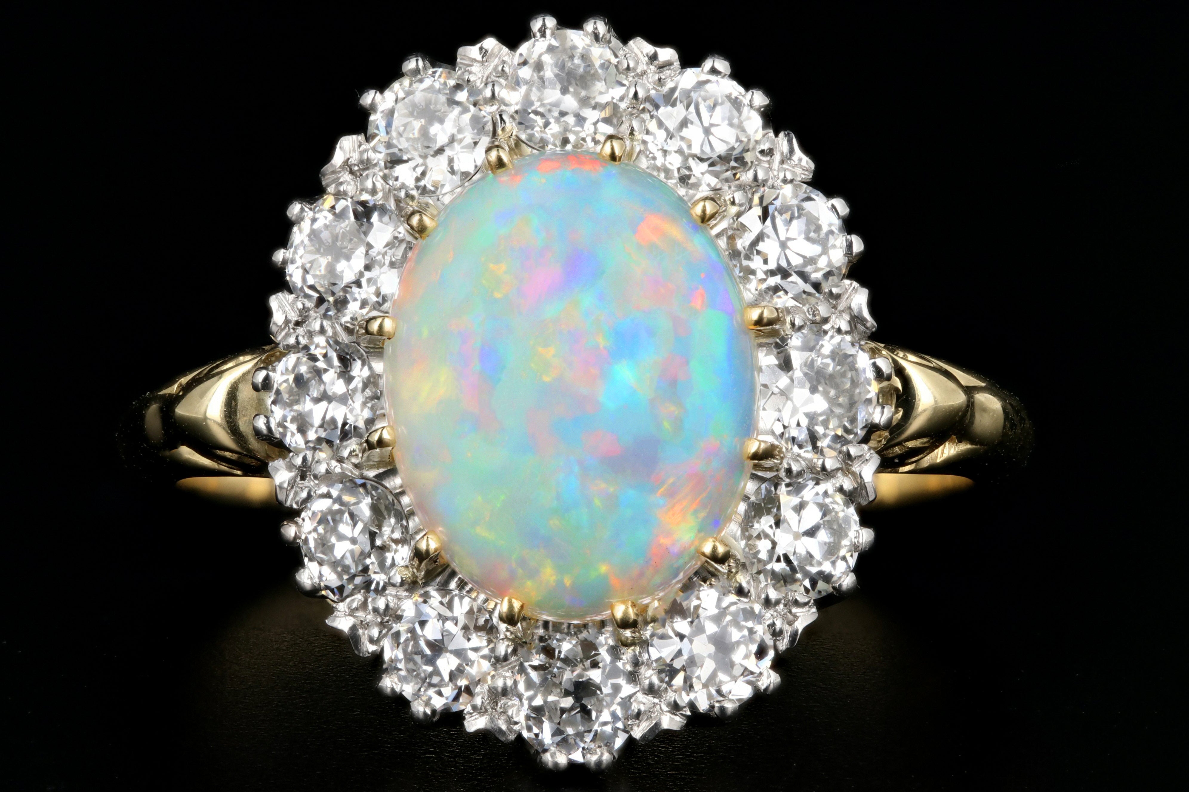 Victorian Style 18K Yellow Gold and Platinum 1.68 Carat Oval Cut Opal and Diamond Ring - Queen May