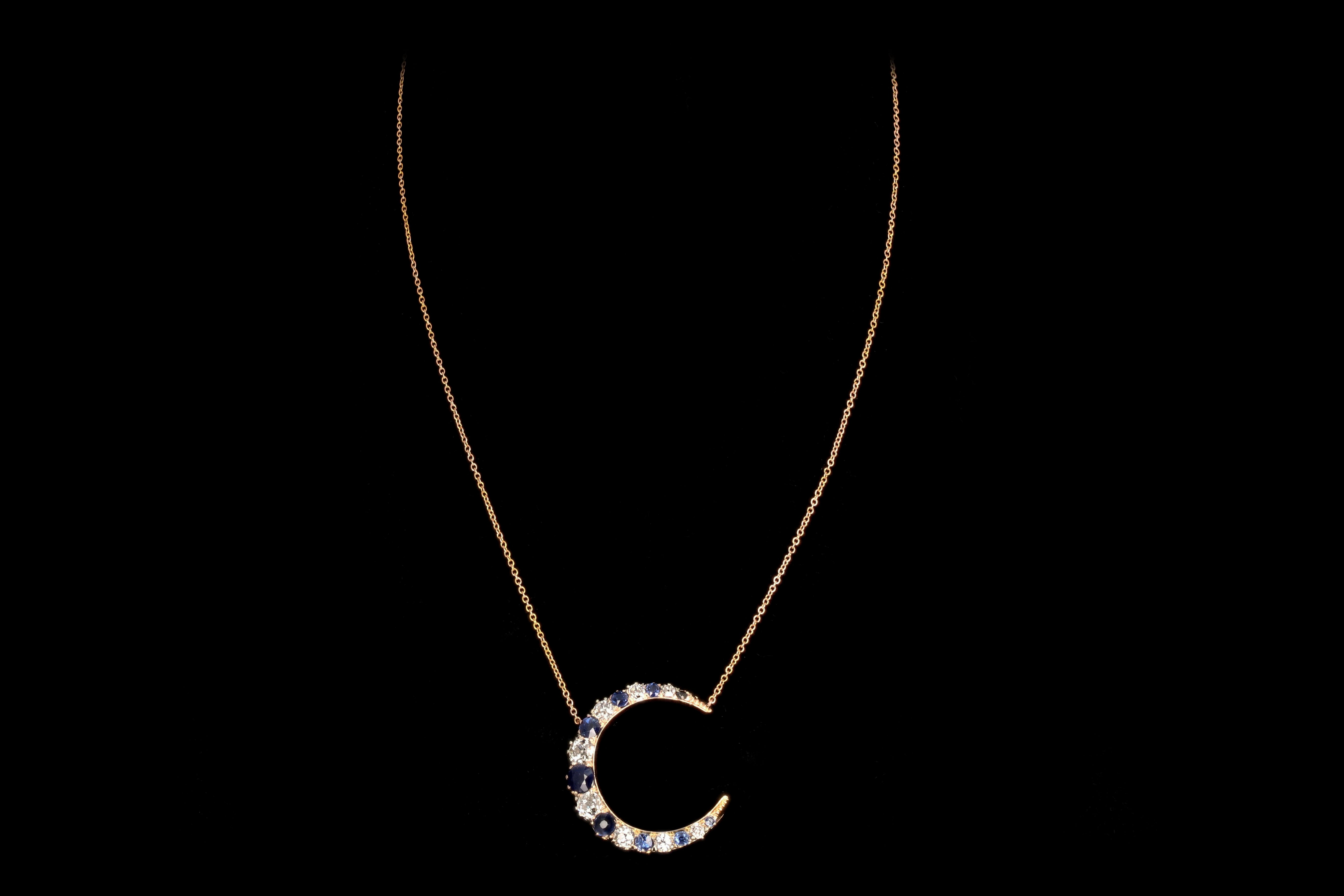 Victorian 14K Rose Gold Crescent Moon Diamond and Sapphire Necklace - Queen May