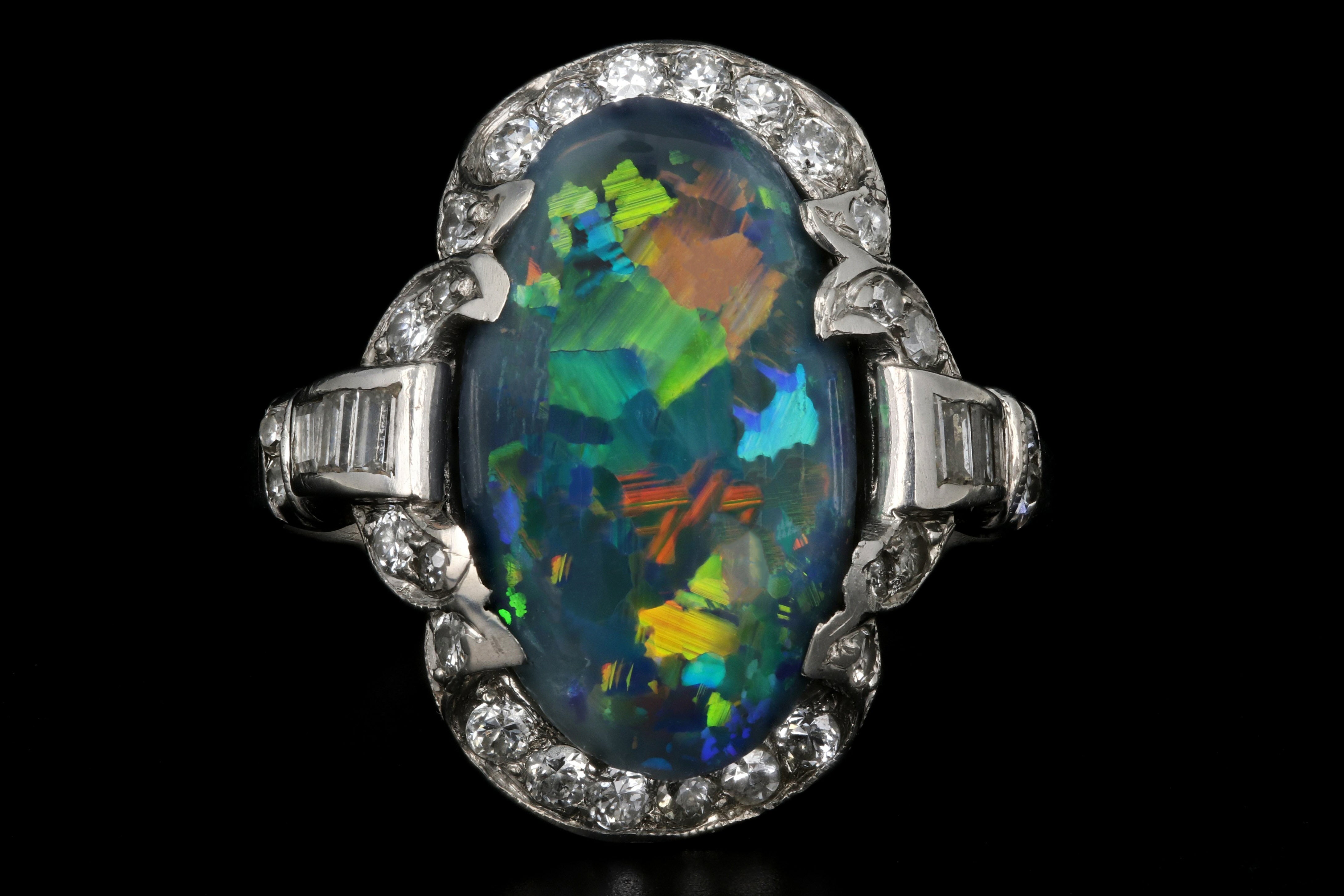 Art Deco Platinum 4CT Black Opal and Diamond Ring - Queen May