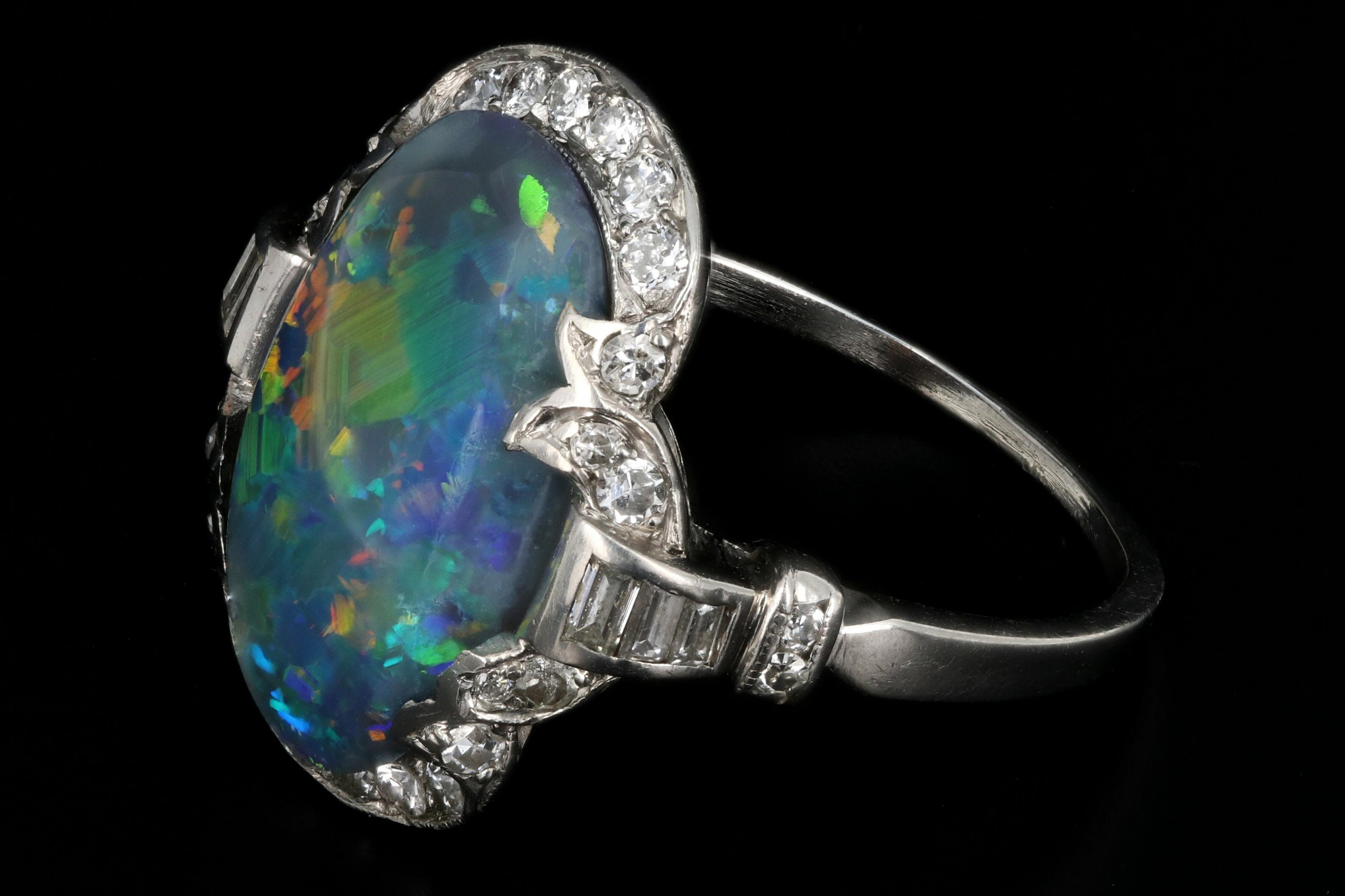 Art Deco Platinum 4CT Black Opal and Diamond Ring - Queen May