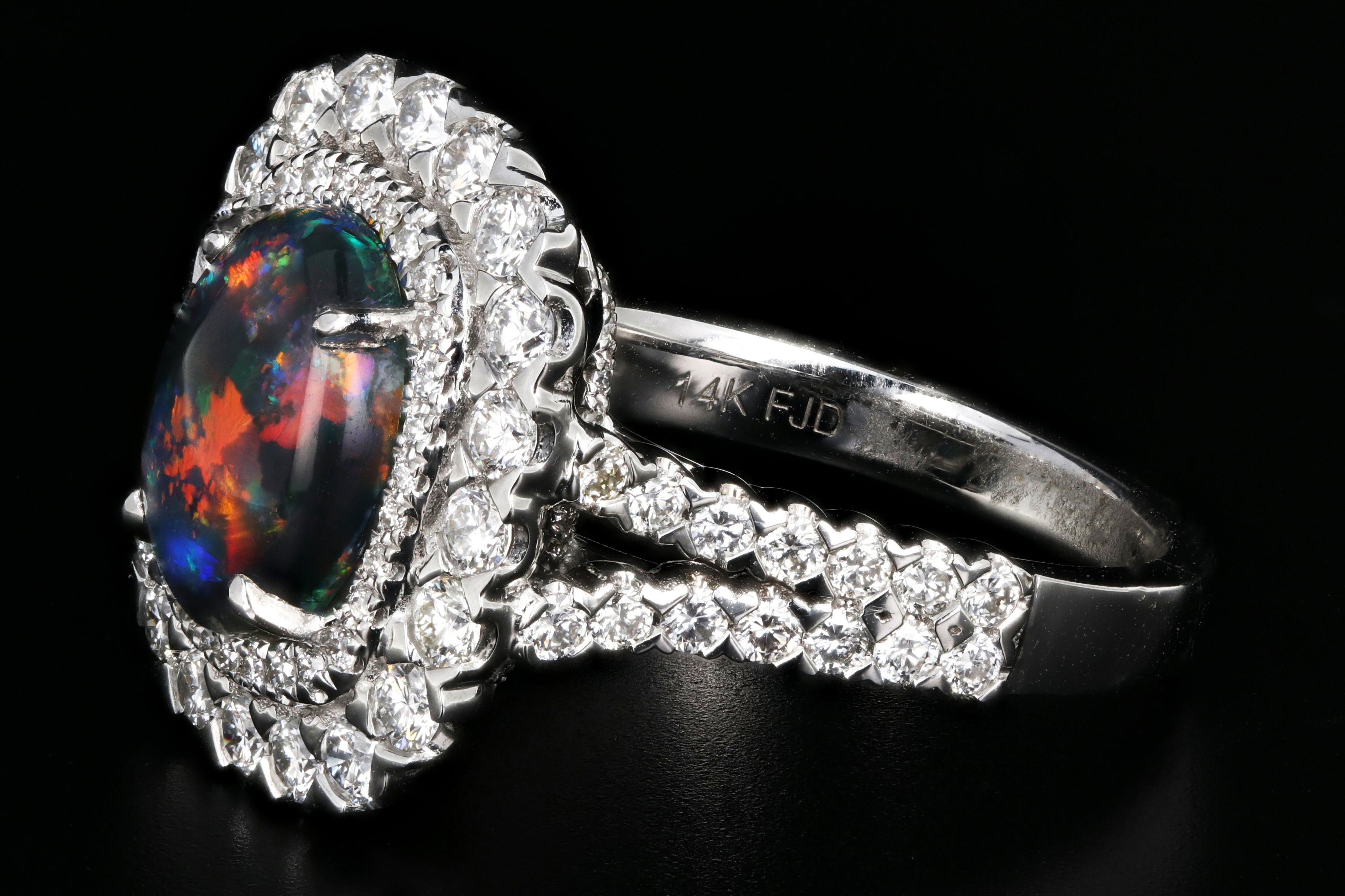 Modern 14k White Gold 1.81CT Cabochon Cut Black Opal and Diamond Ring - Queen May