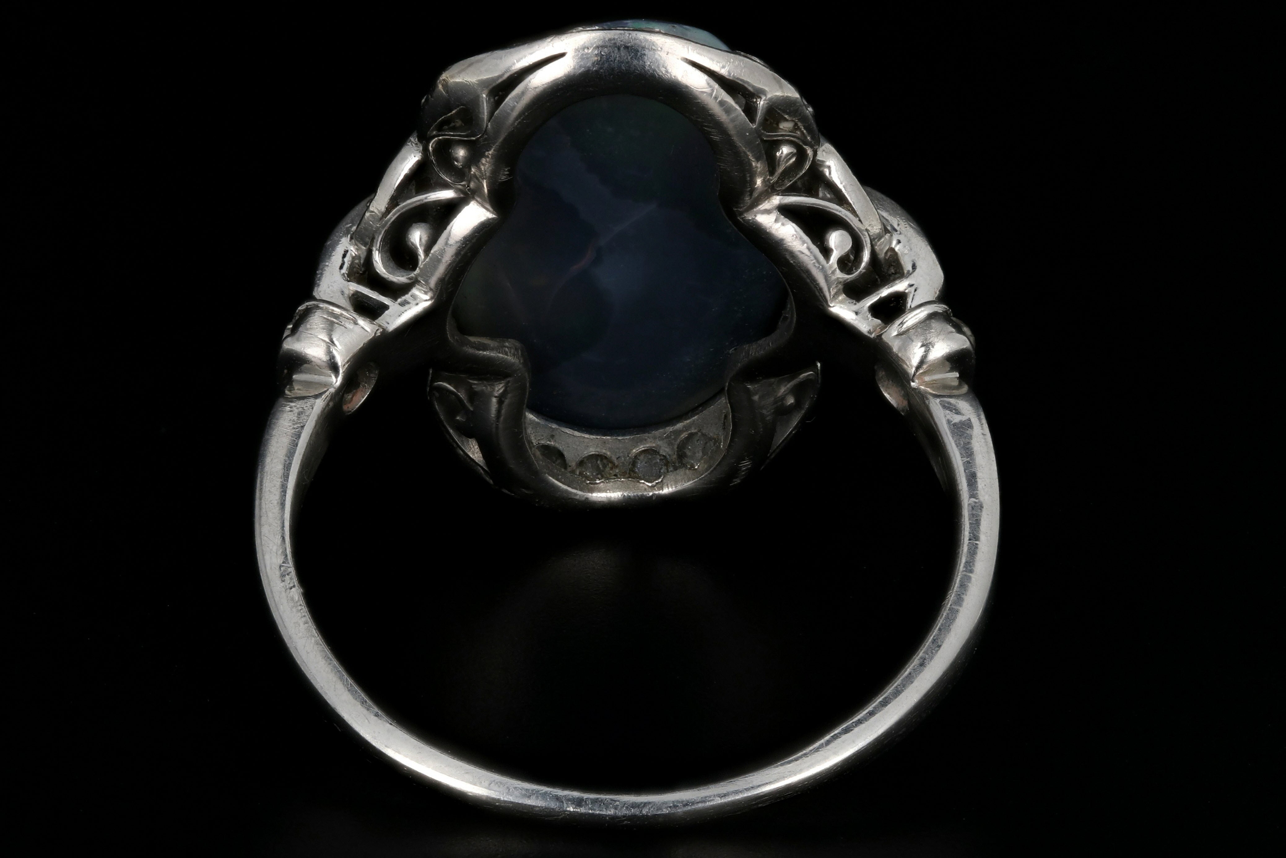 Art Deco Platinum 4CT Black Opal and Diamond Ring - Queen May