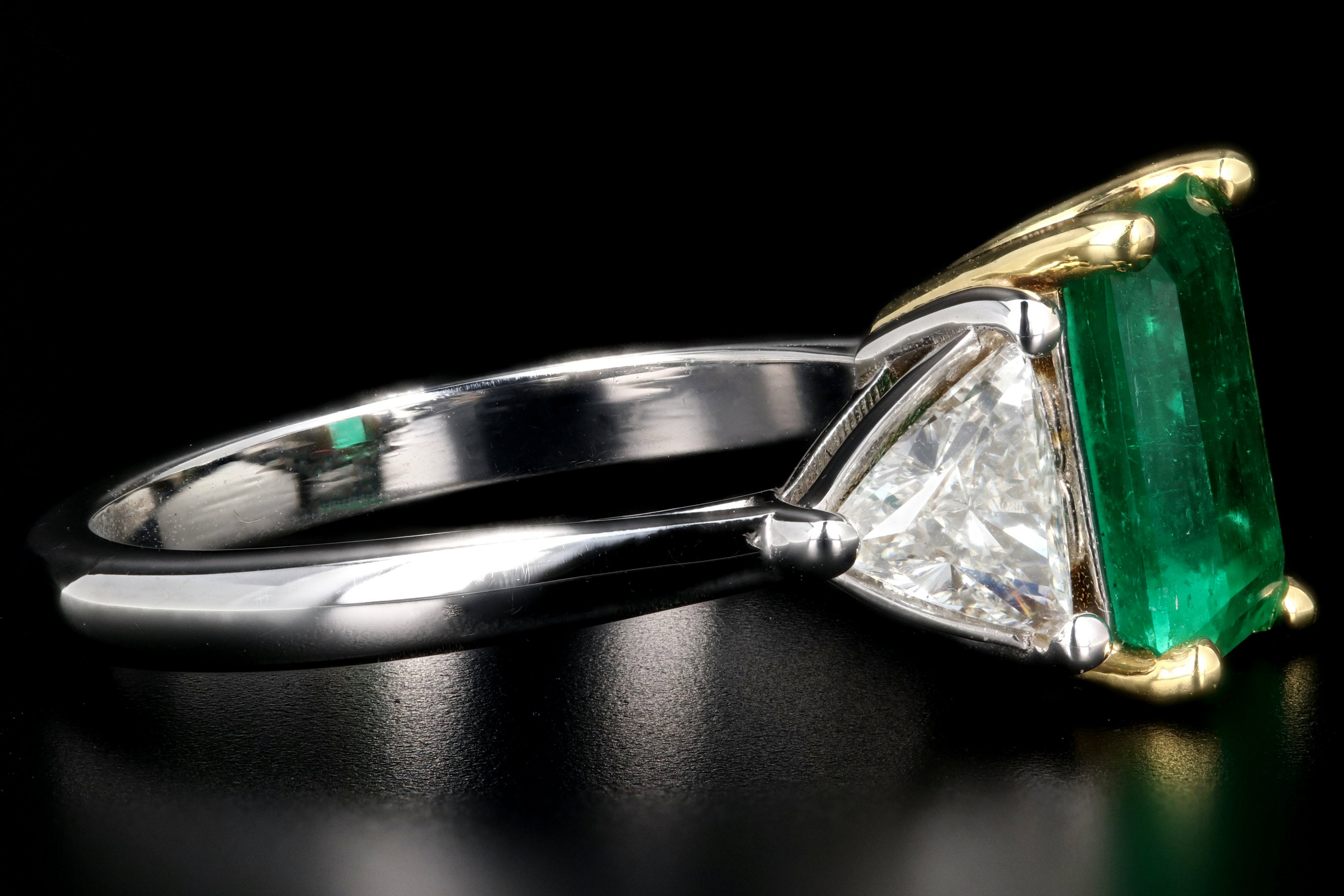 New 18K White and Yellow Gold AGL Certified 1.58 Carat Colombian Emerald and Trillion Cut Diamond Ring - Queen May