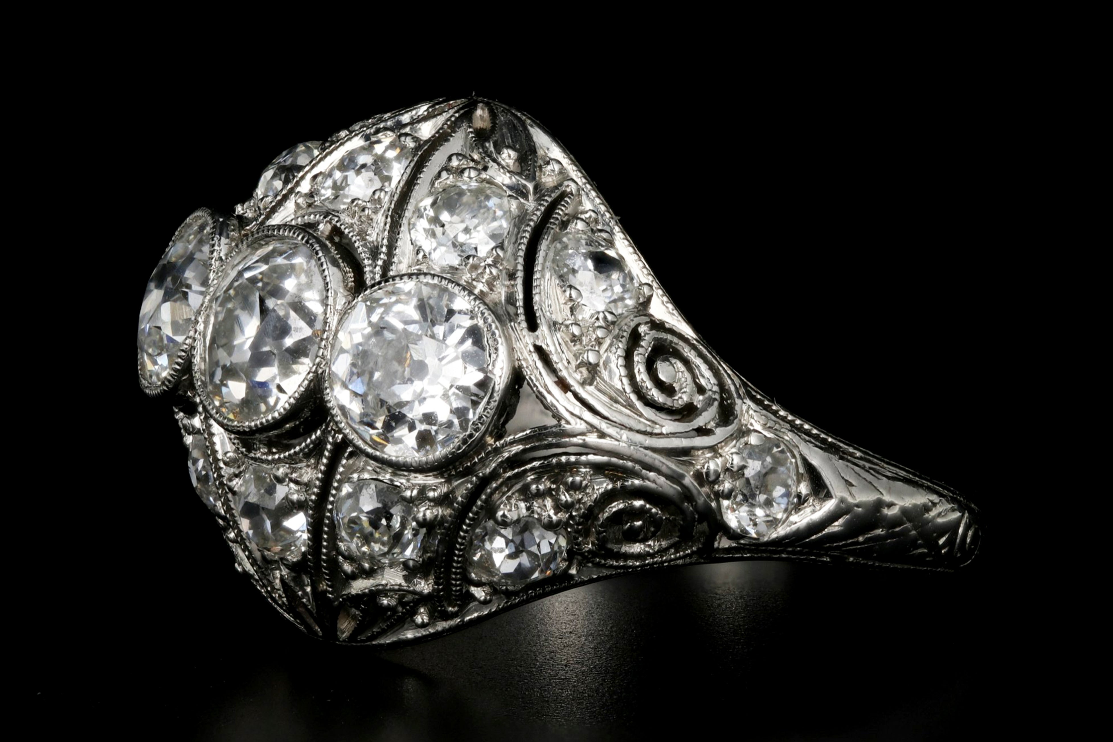 Art Deco Platinum 2.53 Carat Total Weight Three Stone Diamond Ring - Queen May