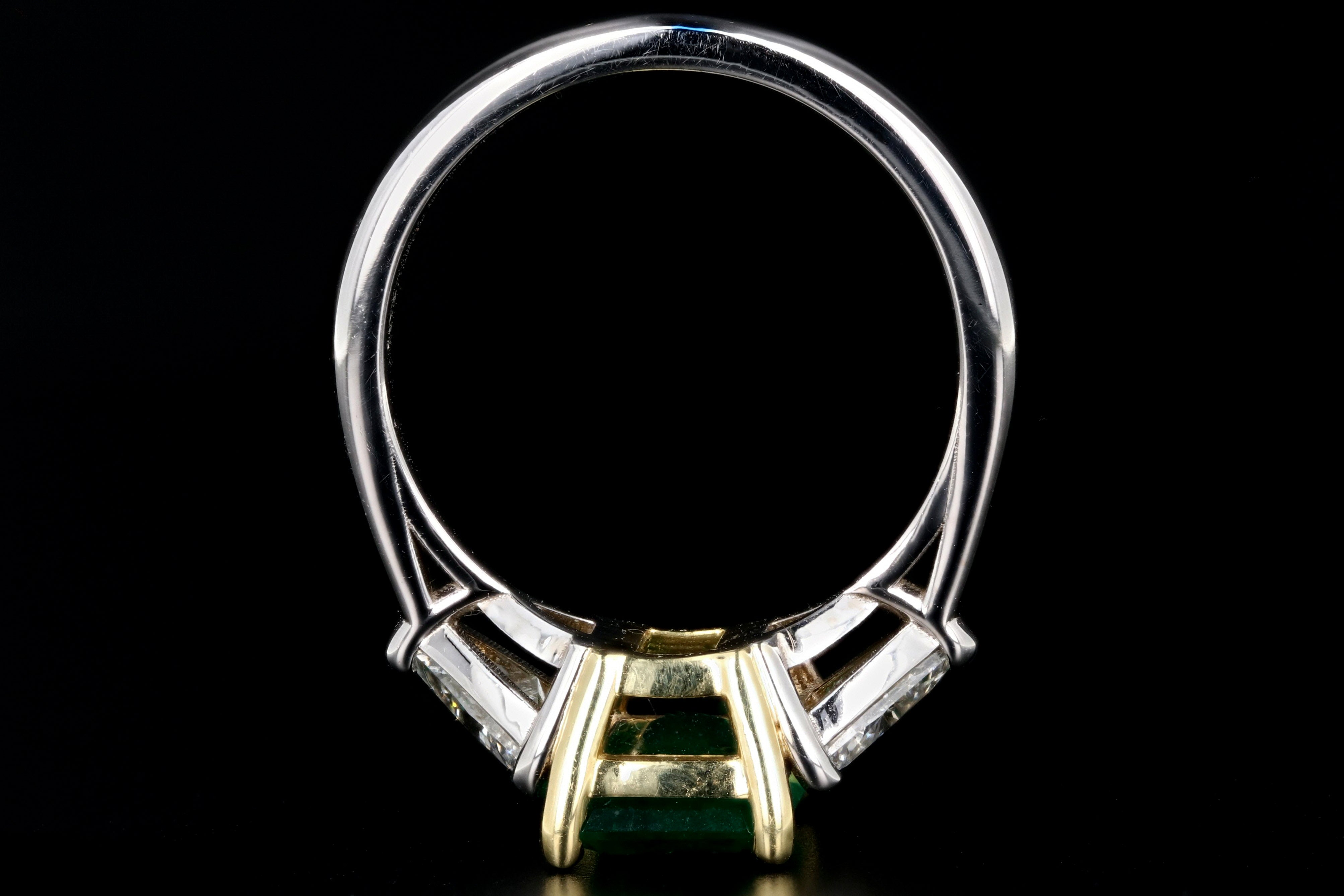 New 18K White and Yellow Gold AGL Certified 1.58 Carat Colombian Emerald and Trillion Cut Diamond Ring - Queen May