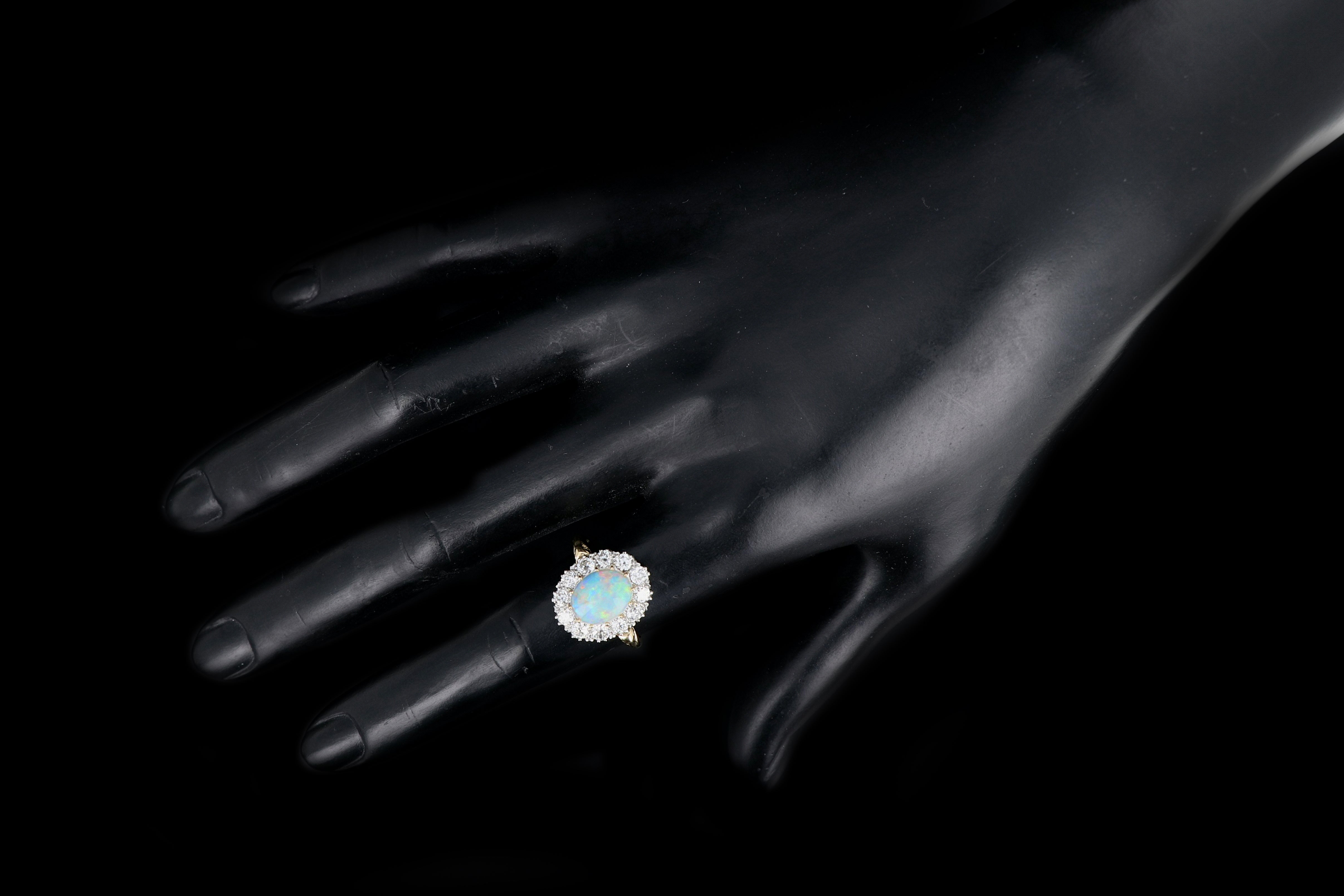 Victorian Style 18K Yellow Gold and Platinum 1.68 Carat Oval Cut Opal and Diamond Ring - Queen May