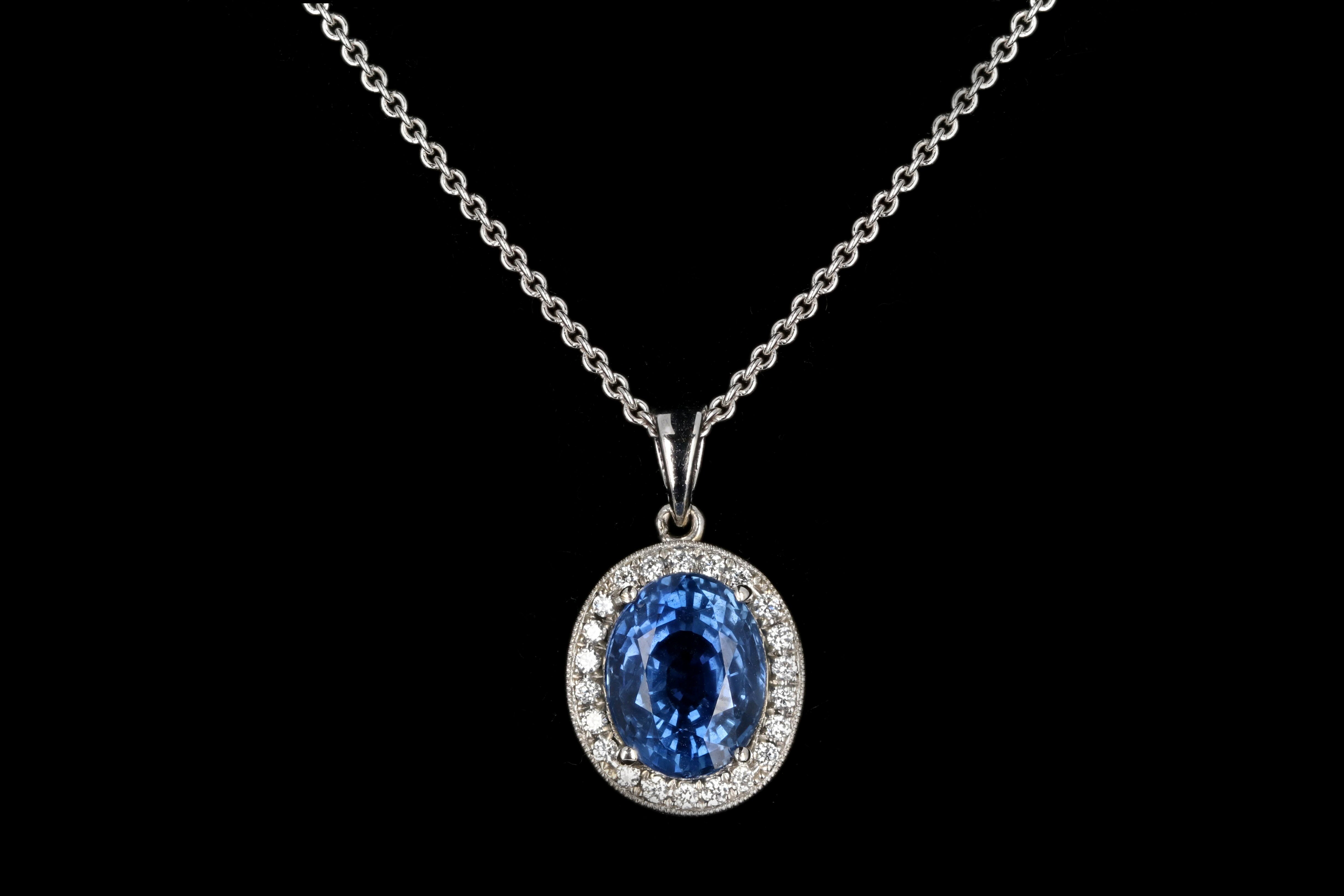 Modern 18K White Gold 2.65 Carat Natural Sapphire and Diamond Halo Pendant Necklace - Queen May
