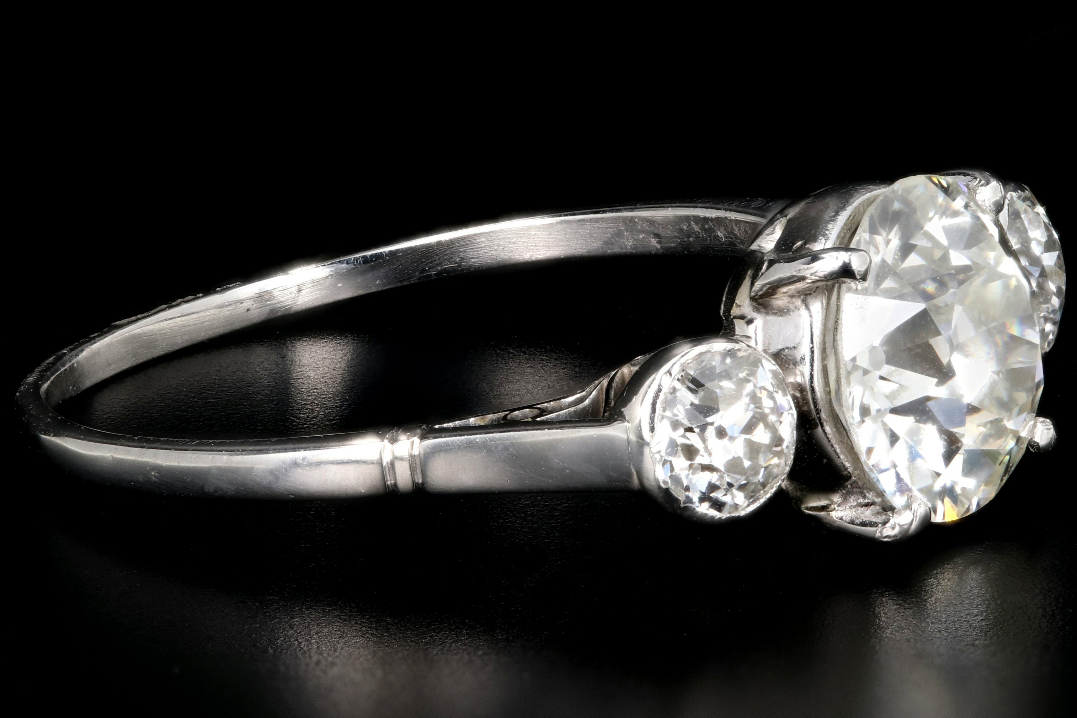 Art Deco Platinum 3 Stone 1.63 Carat Center Old European Cut Diamond Engagement Ring - Queen May