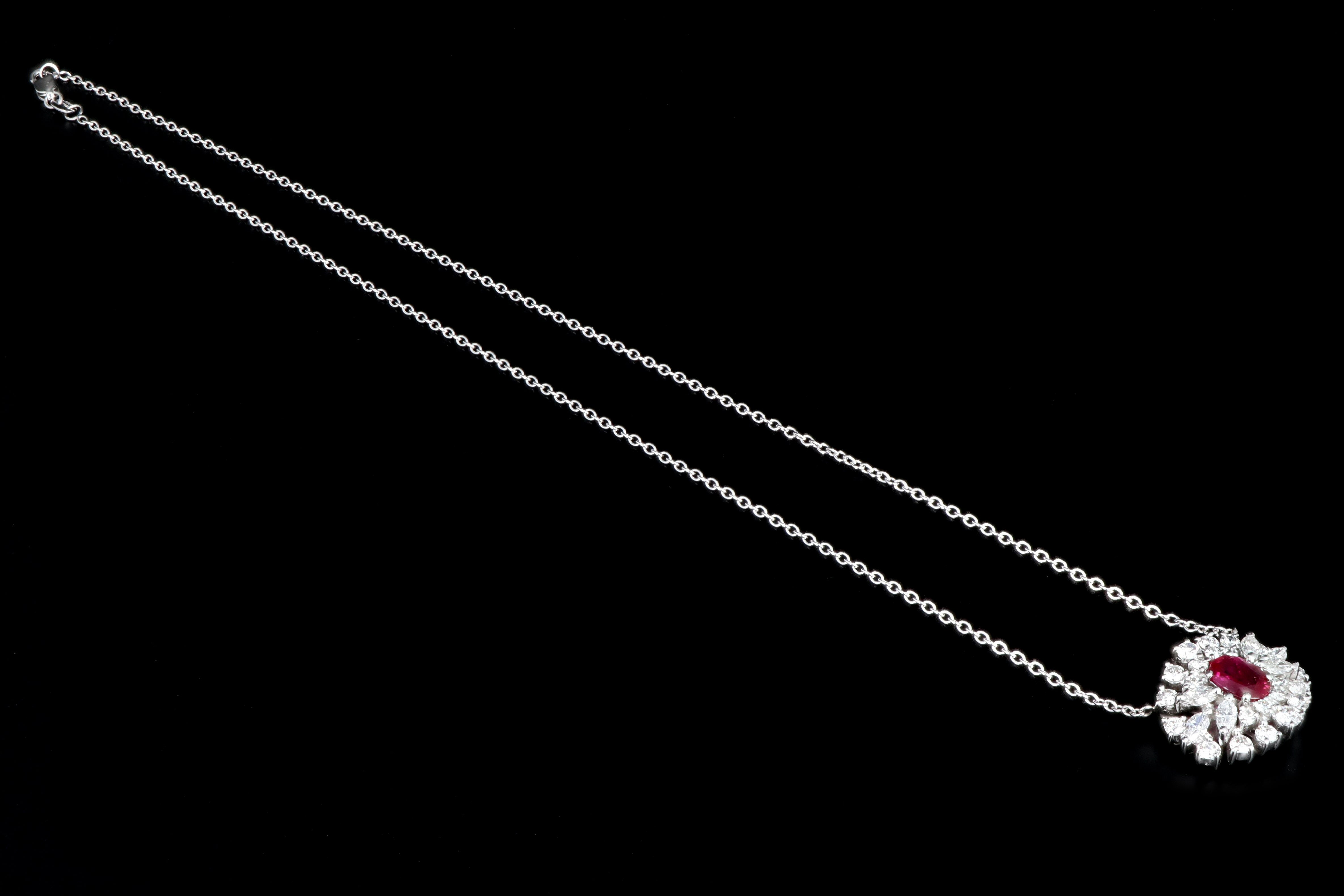 Modern 18K White Gold with 14K White Gold Chain 1.1 Carat Burma Ruby and Diamond Necklace Stone Group Laboratories Certified - Queen May