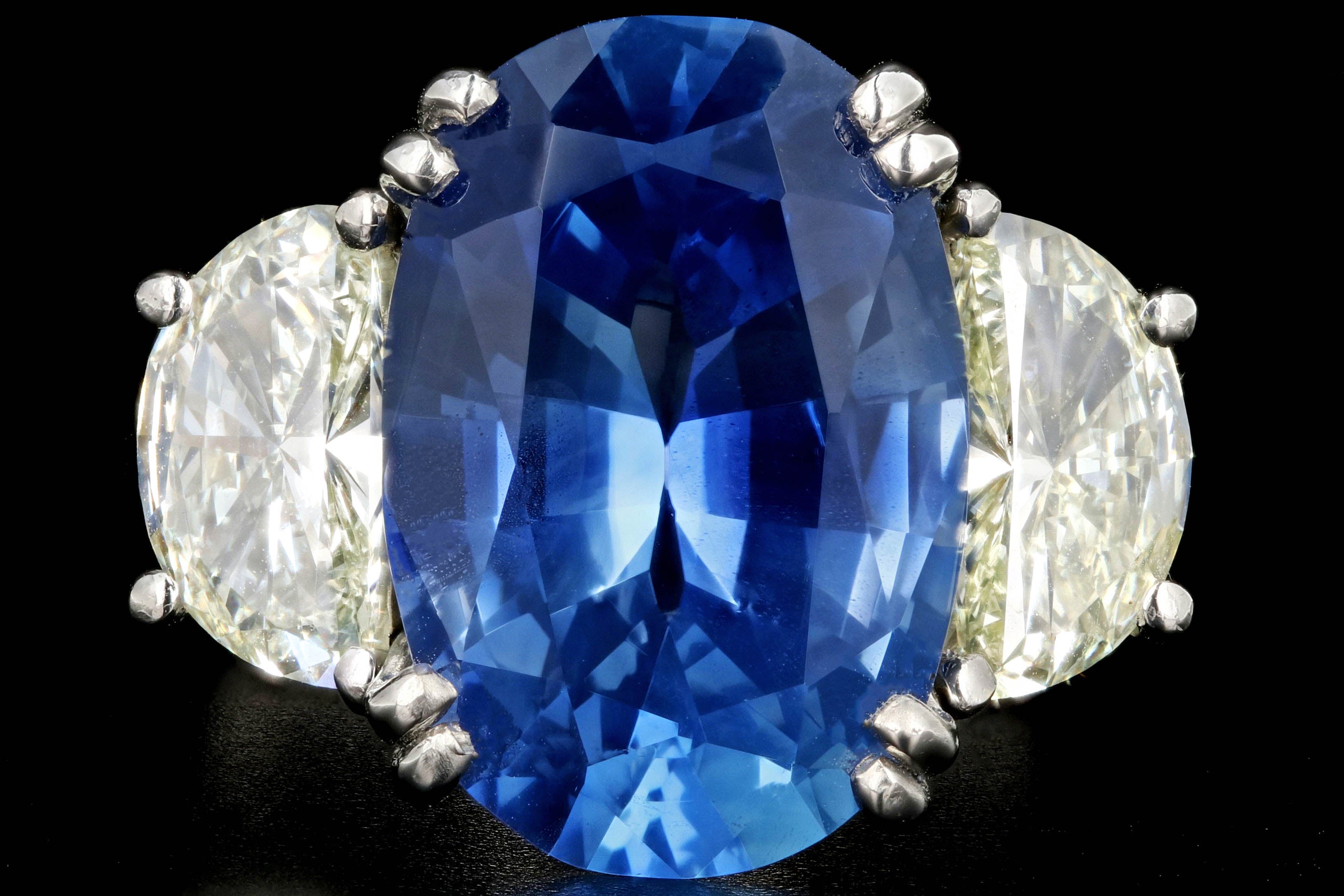 Platinum 9.72 Carat Cornflower Blue Burma No Heat Oval Cut Sapphire and 2 Carat Half Moon Diamond Ring GIA Certified - Queen May