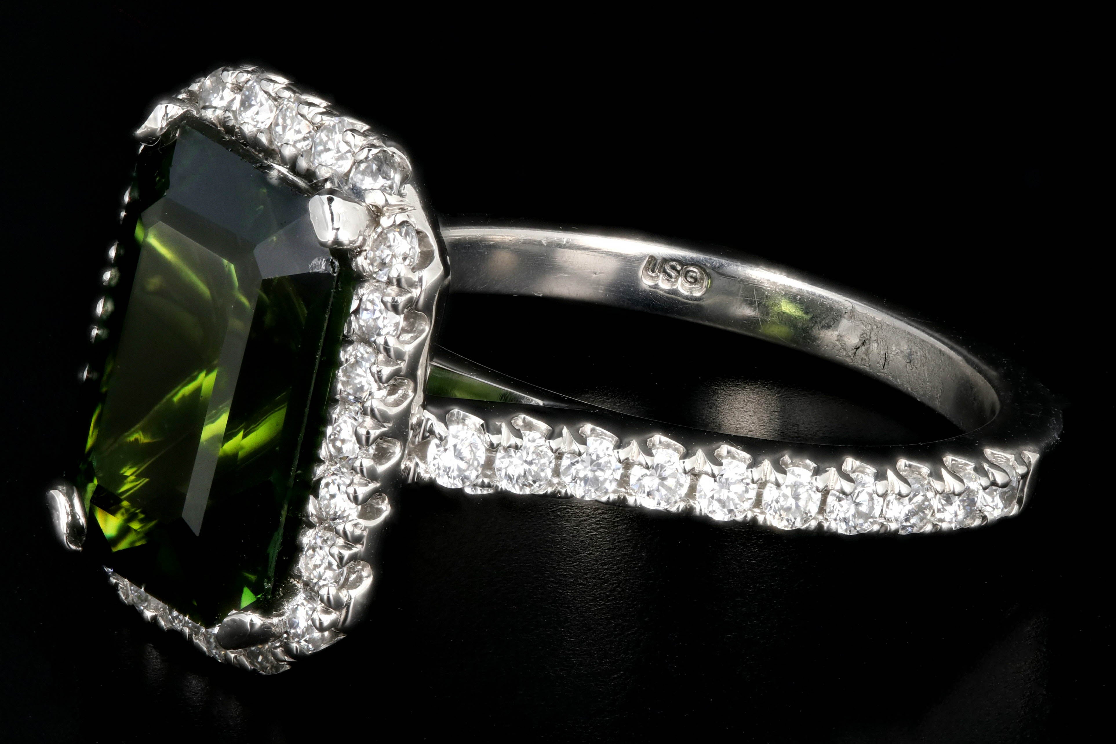 New Platinum 5.65 Carat Green Tourmaline and Diamond Halo Ring - Queen May