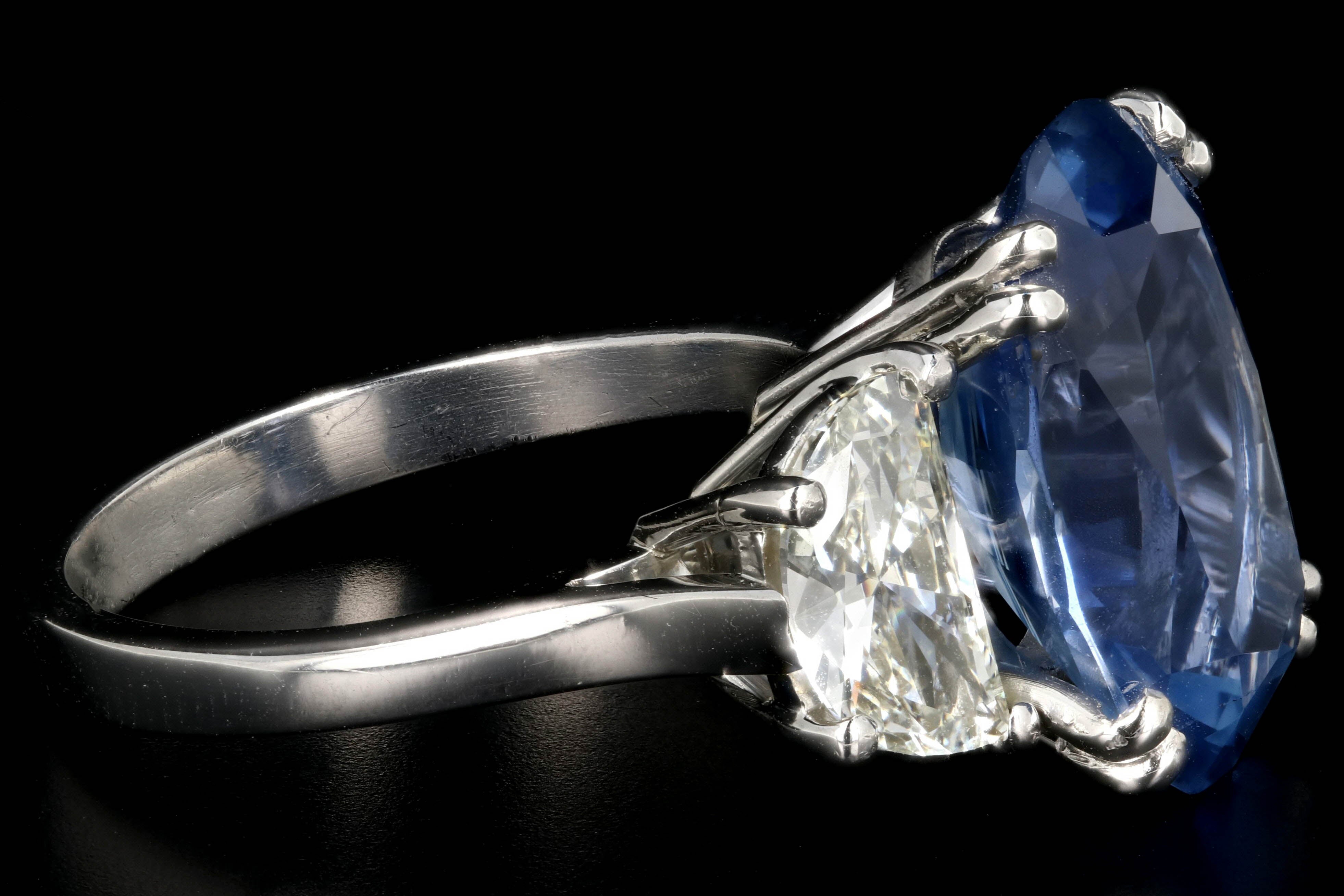 Platinum 9.72 Carat Cornflower Blue Burma No Heat Oval Cut Sapphire and 2 Carat Half Moon Diamond Ring GIA Certified - Queen May