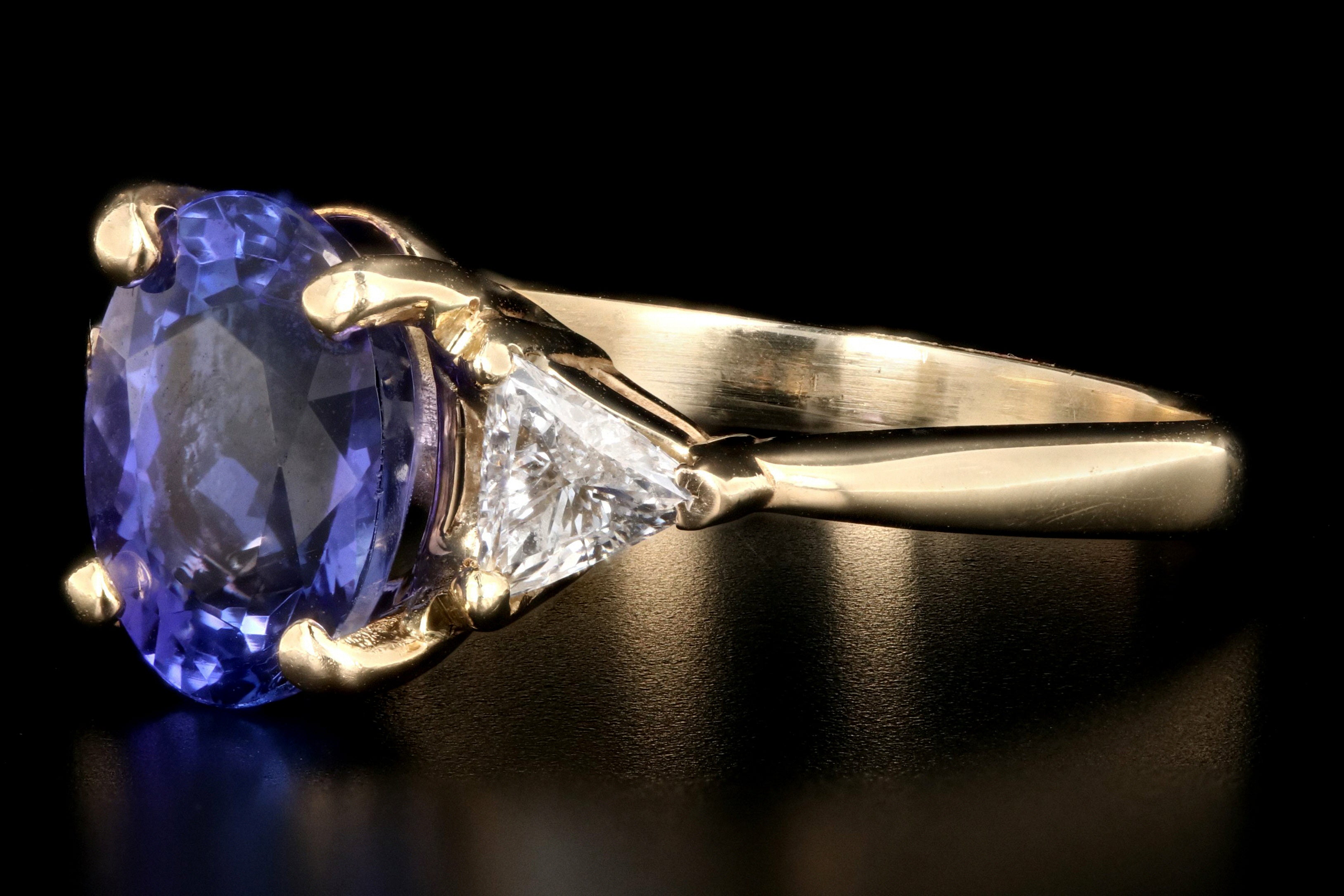 Modern 14K Yellow Gold 3 Carat Tanzanite and Trillion Cut Diamond Ring - Queen May