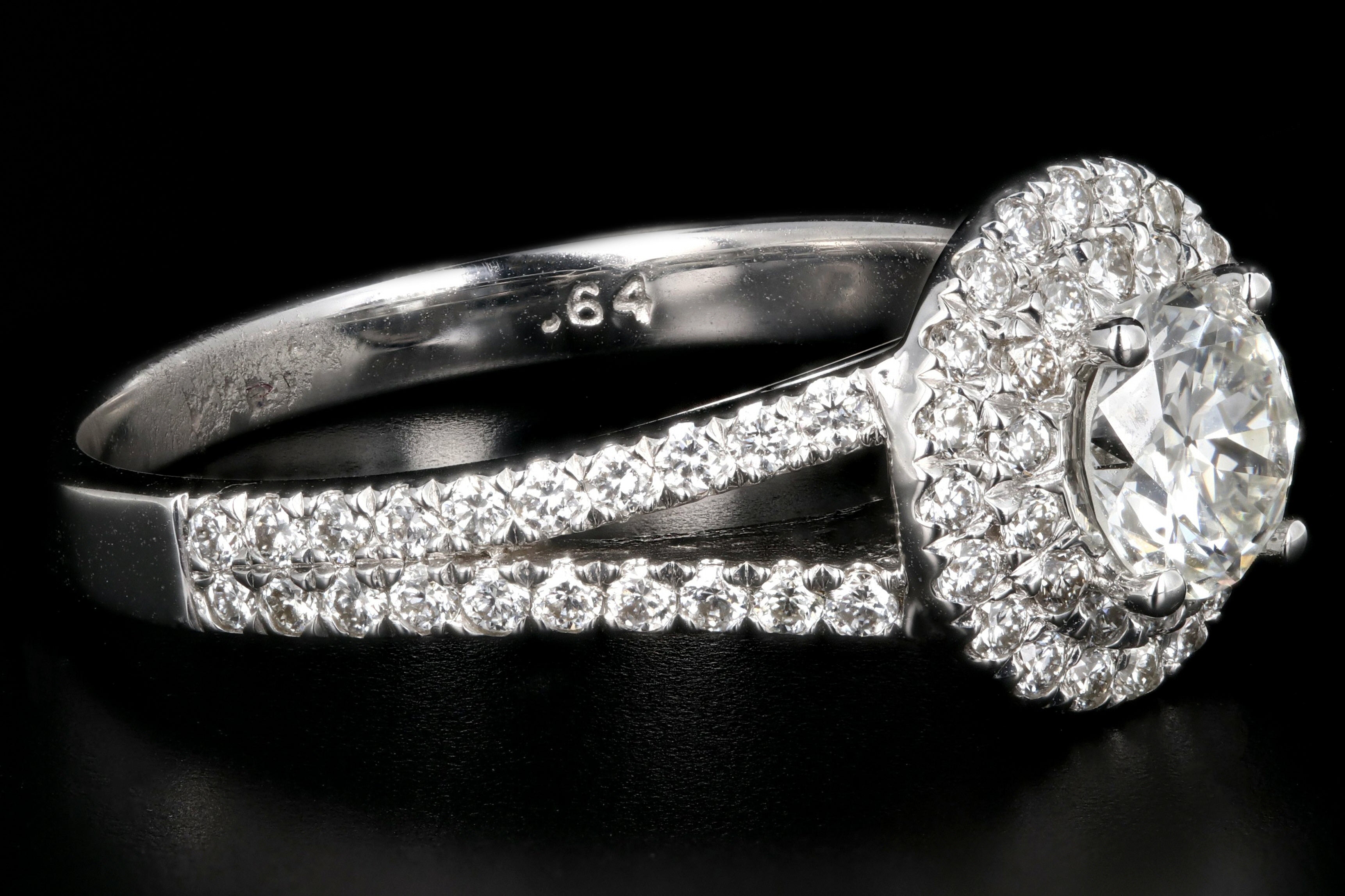 New 18K White Gold .55 Carat Round Brilliant Cut Double Halo Split Shank Engagement Ring - Queen May