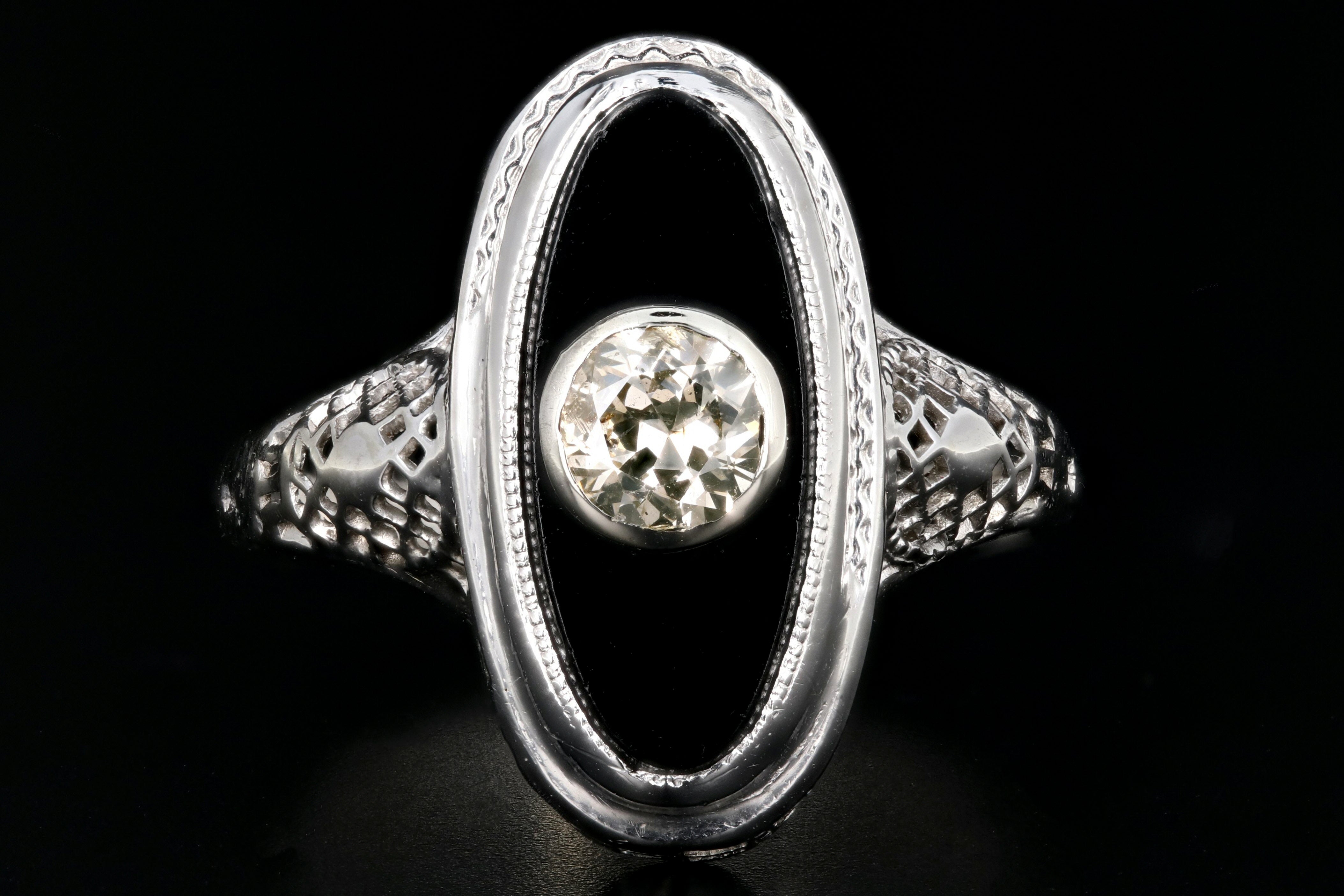 Art Deco 14K White Gold .25CT Old European Cut Diamond and Oynx Filigree Ring - Queen May