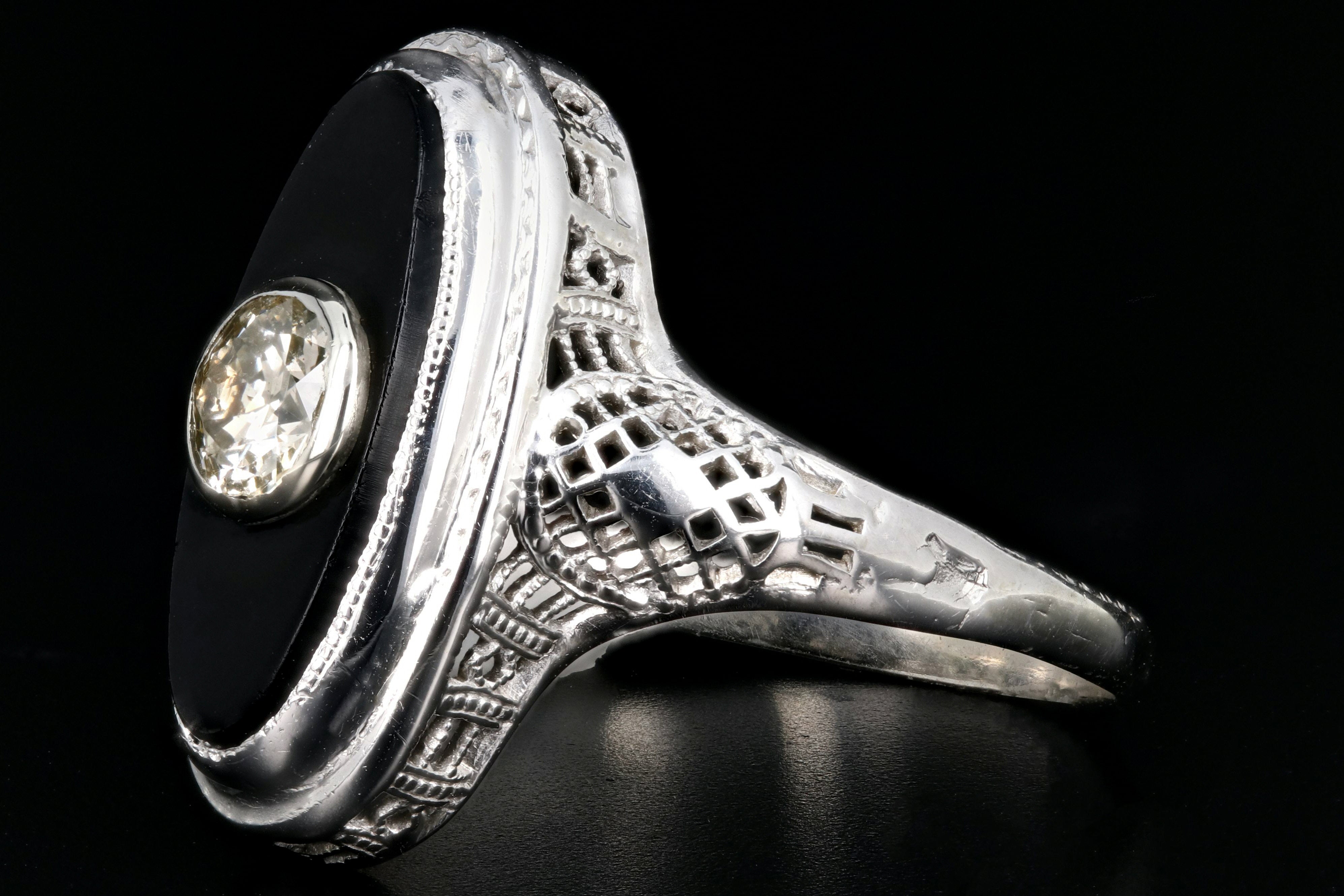 Art Deco 14K White Gold .25CT Old European Cut Diamond and Oynx Filigree Ring - Queen May