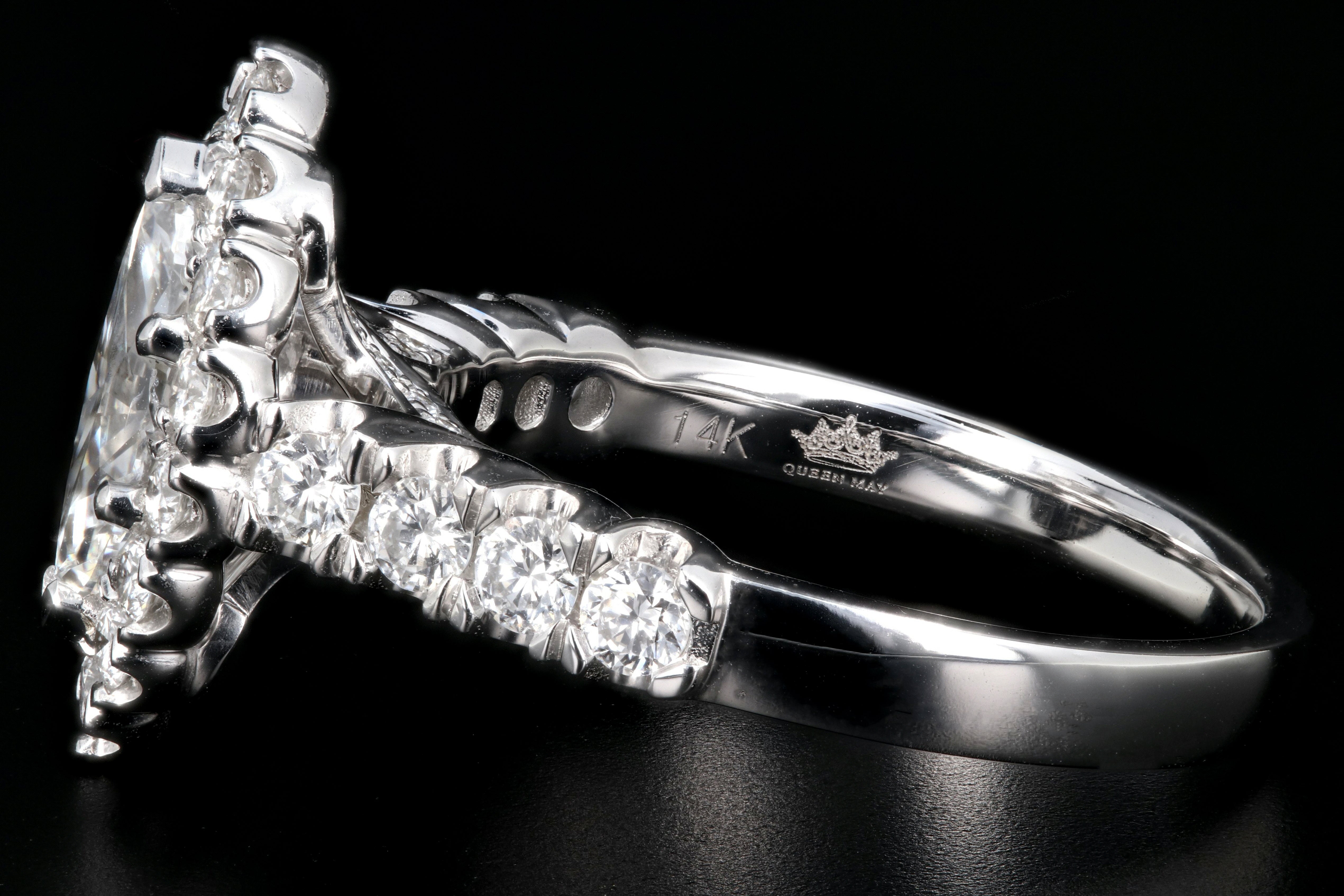 New 14K White Gold .78 Carat Marquise Cut Diamond Halo Engagement Ring GIA Certified - Queen May