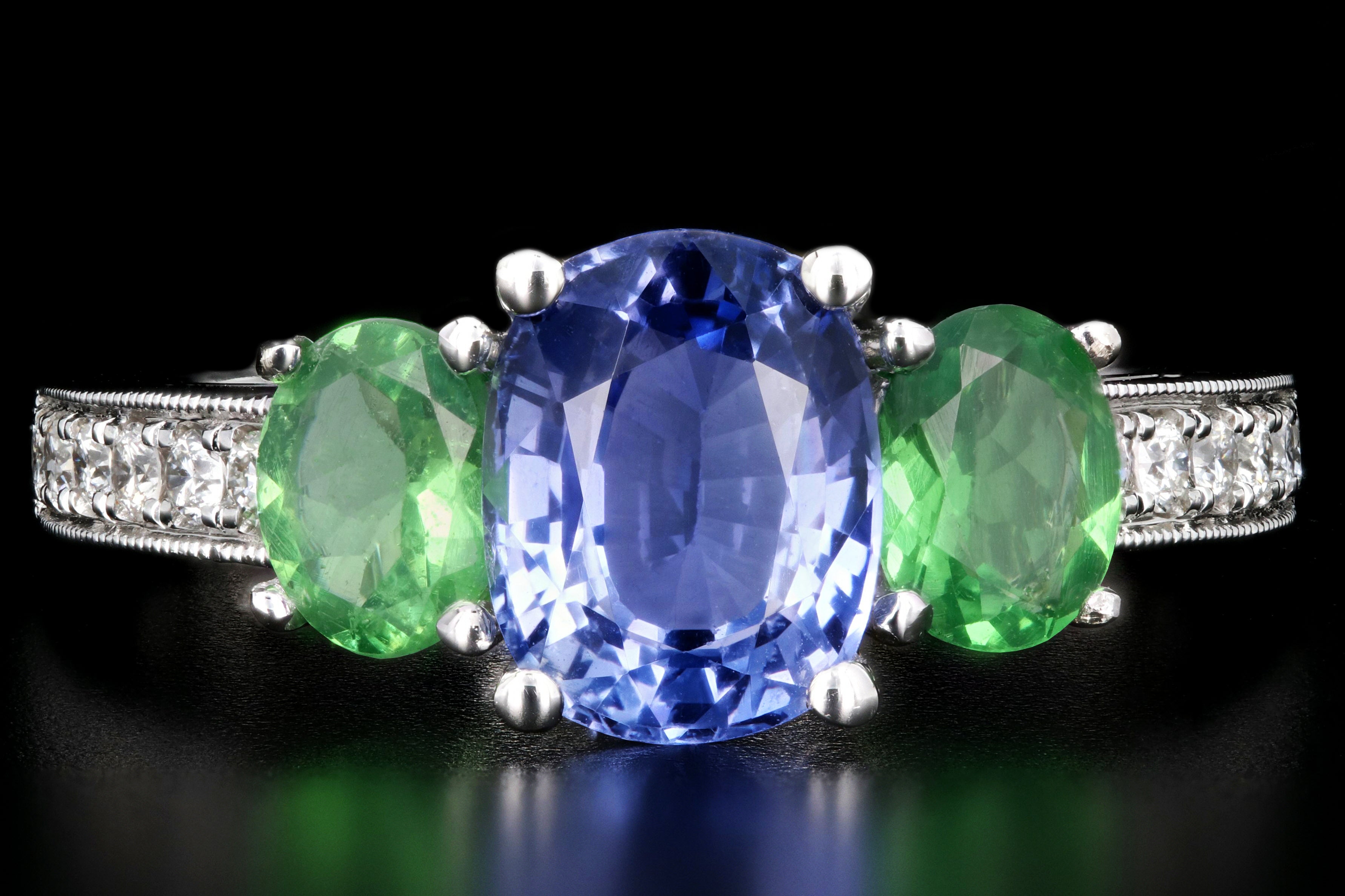 New 14K White Gold Heat Treated Purple Sapphire and Tsavorite Garnet AND Diamond Ring - Queen May