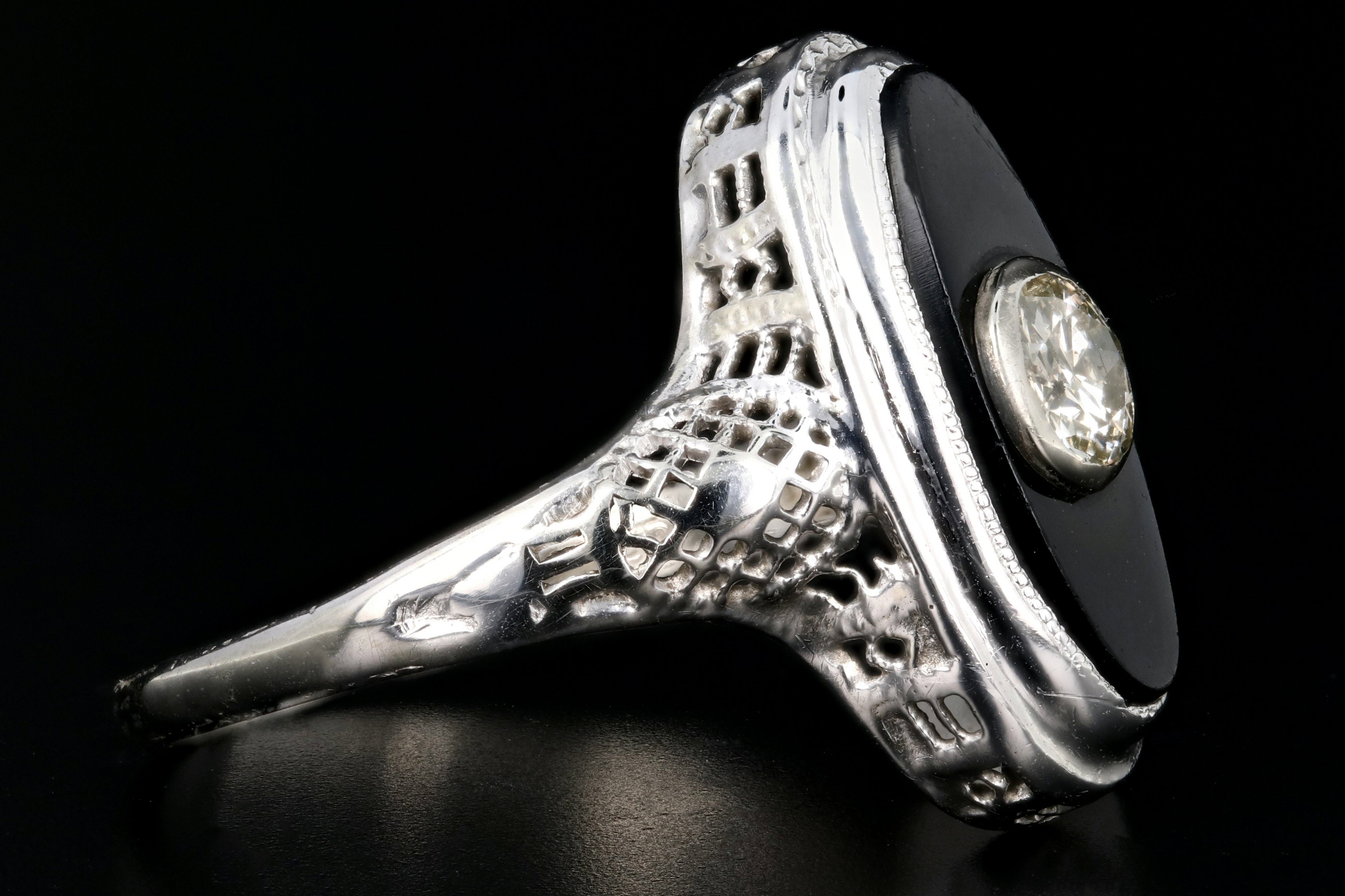 Art Deco 14K White Gold .25CT Old European Cut Diamond and Oynx Filigree Ring - Queen May