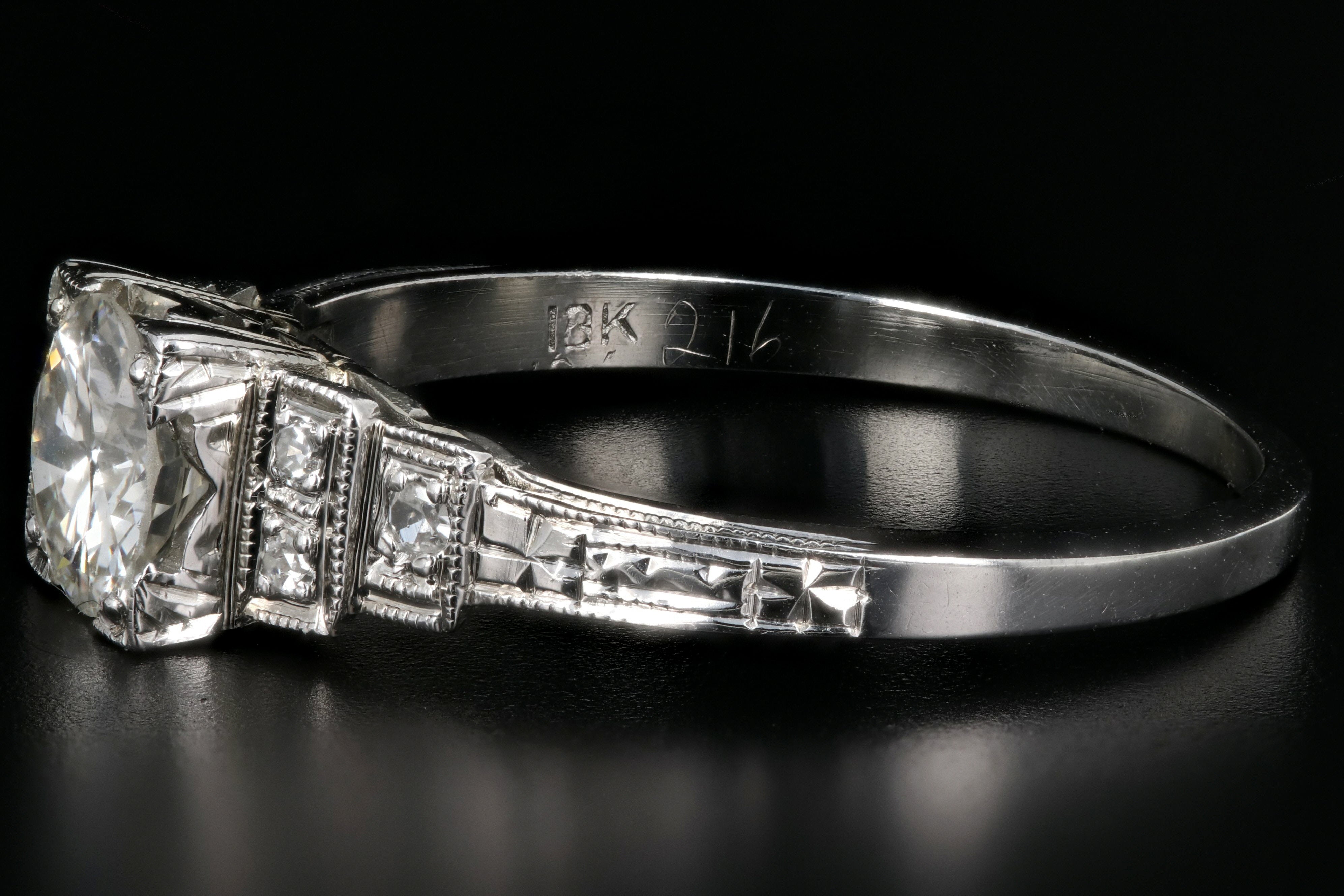 Art Deco 18K White Gold .60CT Old European Cut Diamond Engagement Ring - Queen May