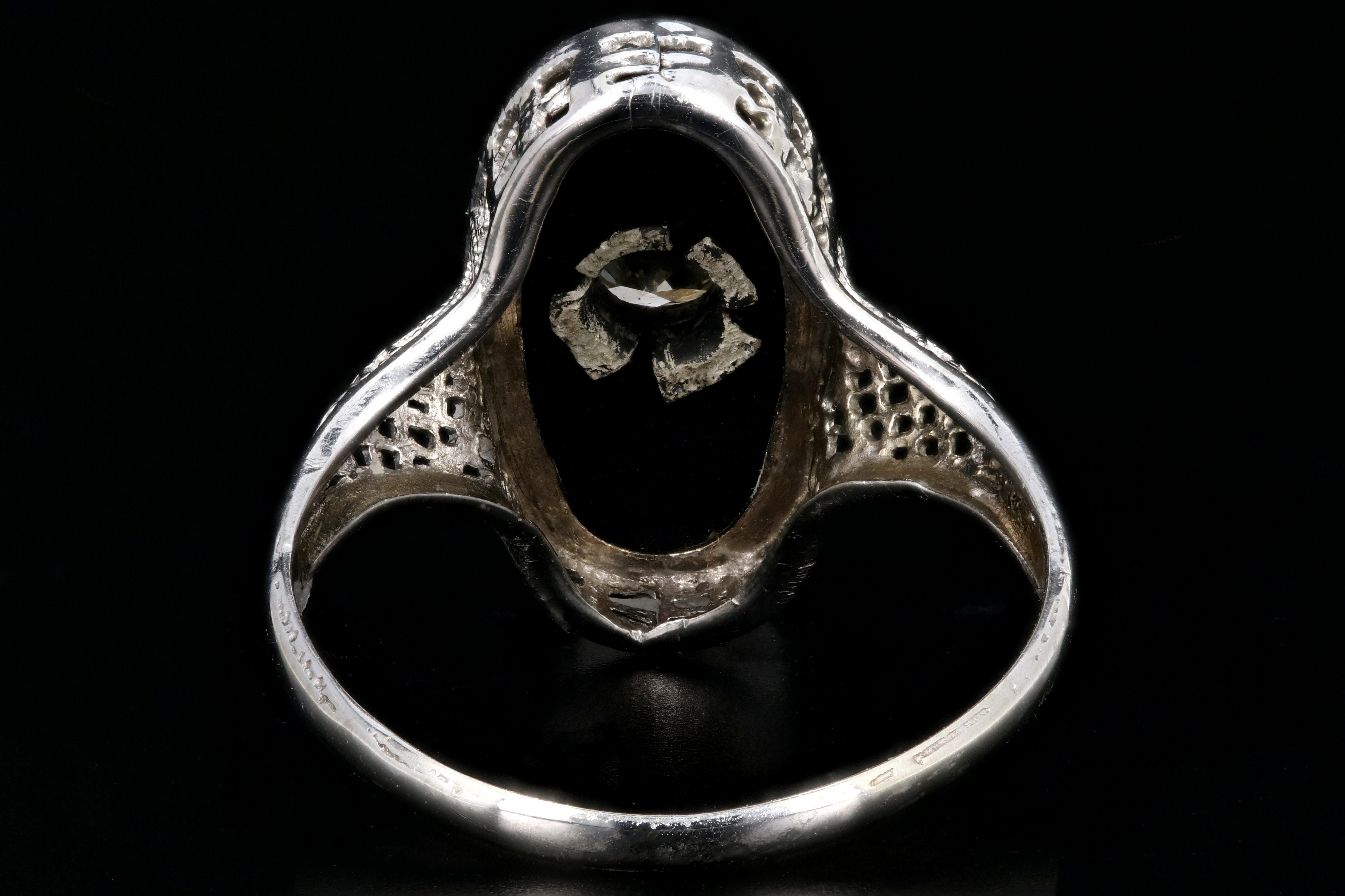 Art Deco 14K White Gold .25CT Old European Cut Diamond and Oynx Filigree Ring - Queen May