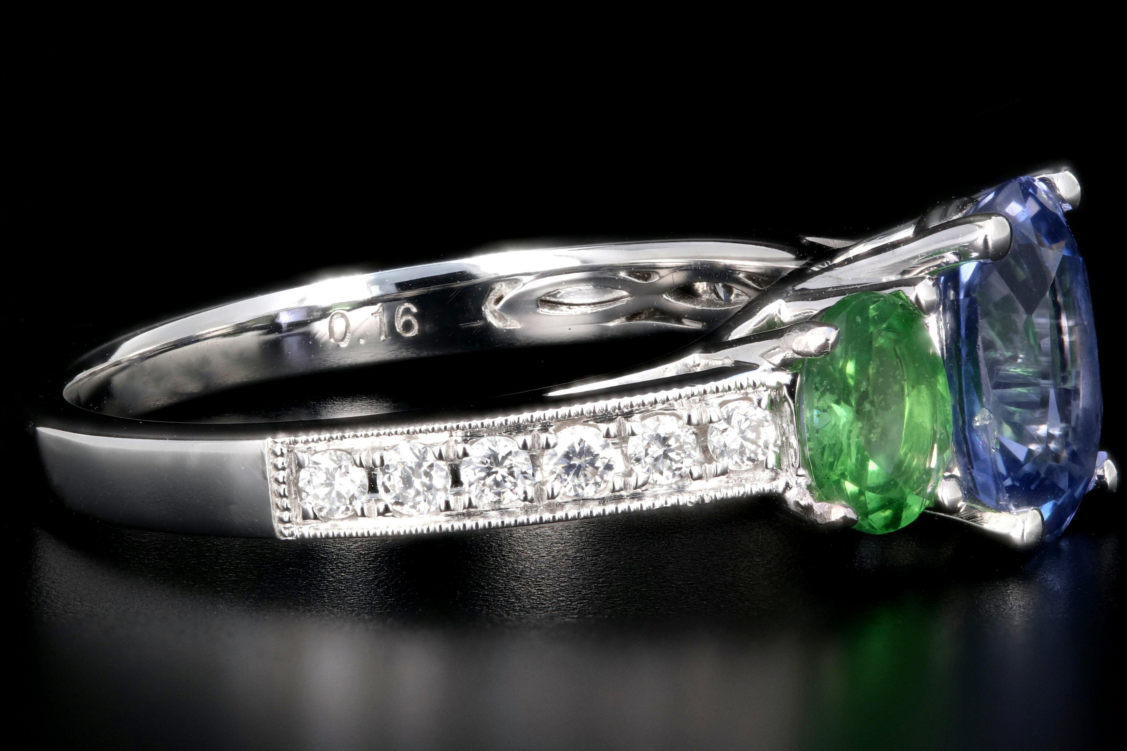 New 14K White Gold Heat Treated Purple Sapphire and Tsavorite Garnet AND Diamond Ring - Queen May