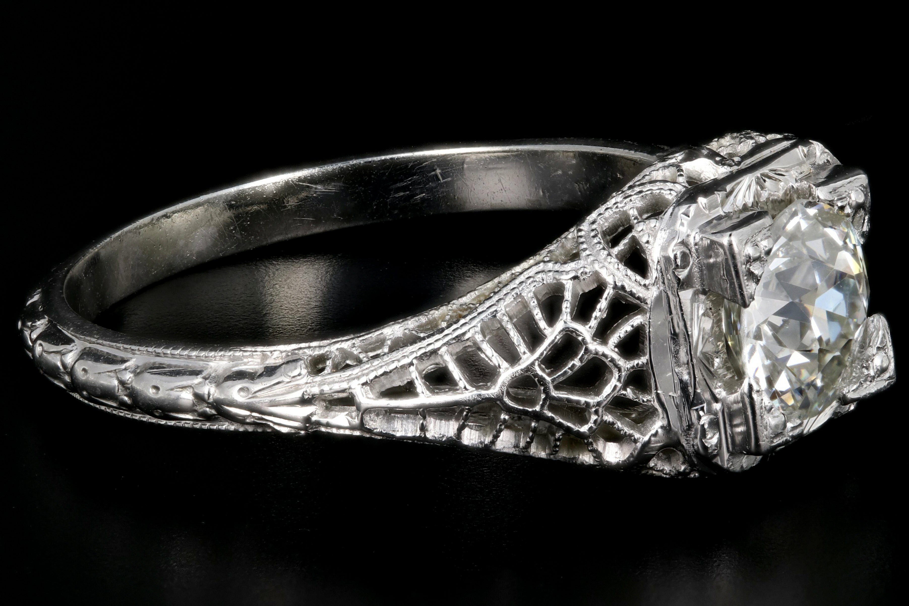 Art Deco 20K White Gold .78CT Old European Cut Diamond Engagement Ring - Queen May