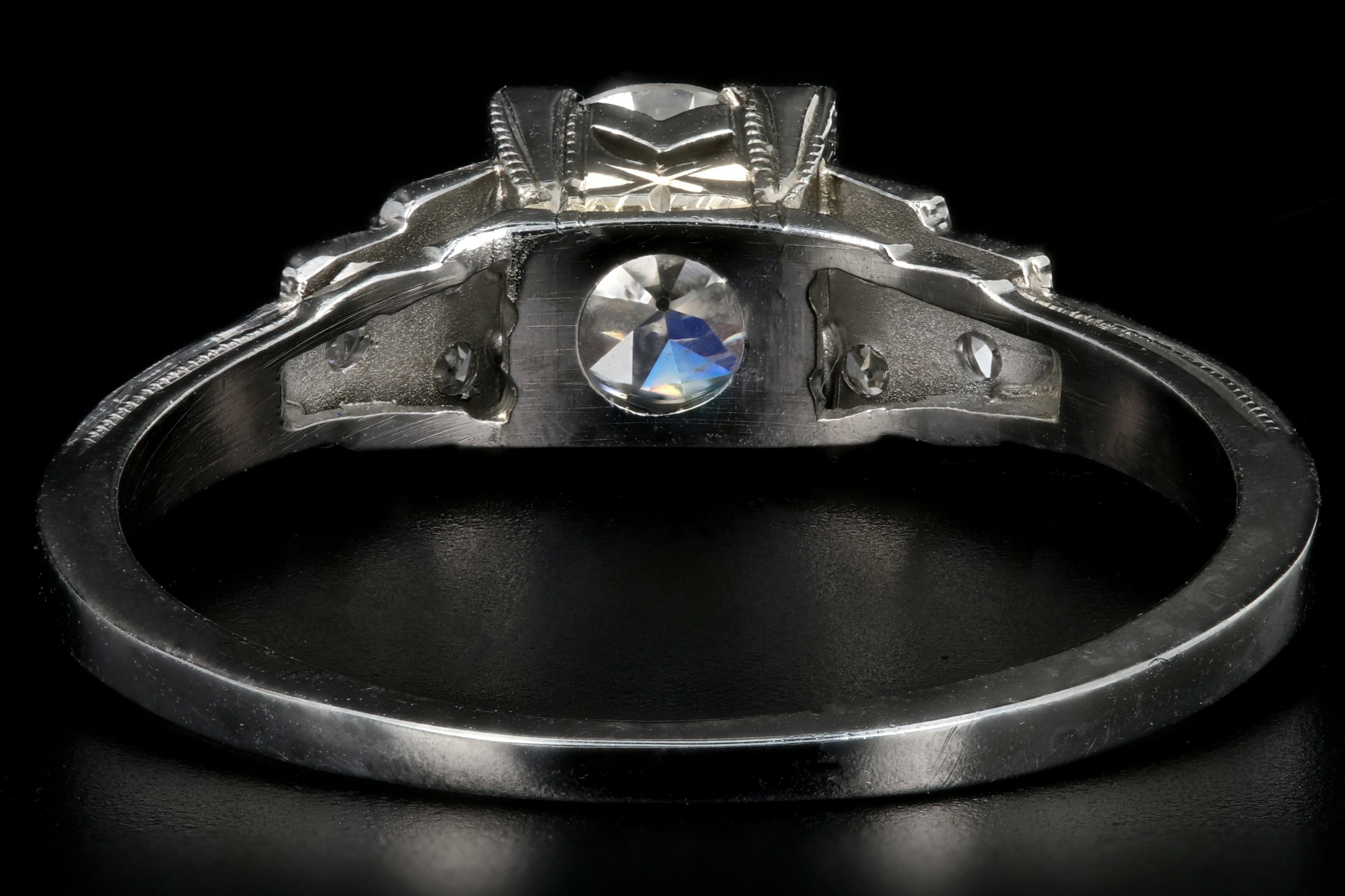 Art Deco 18K White Gold .60CT Old European Cut Diamond Engagement Ring - Queen May