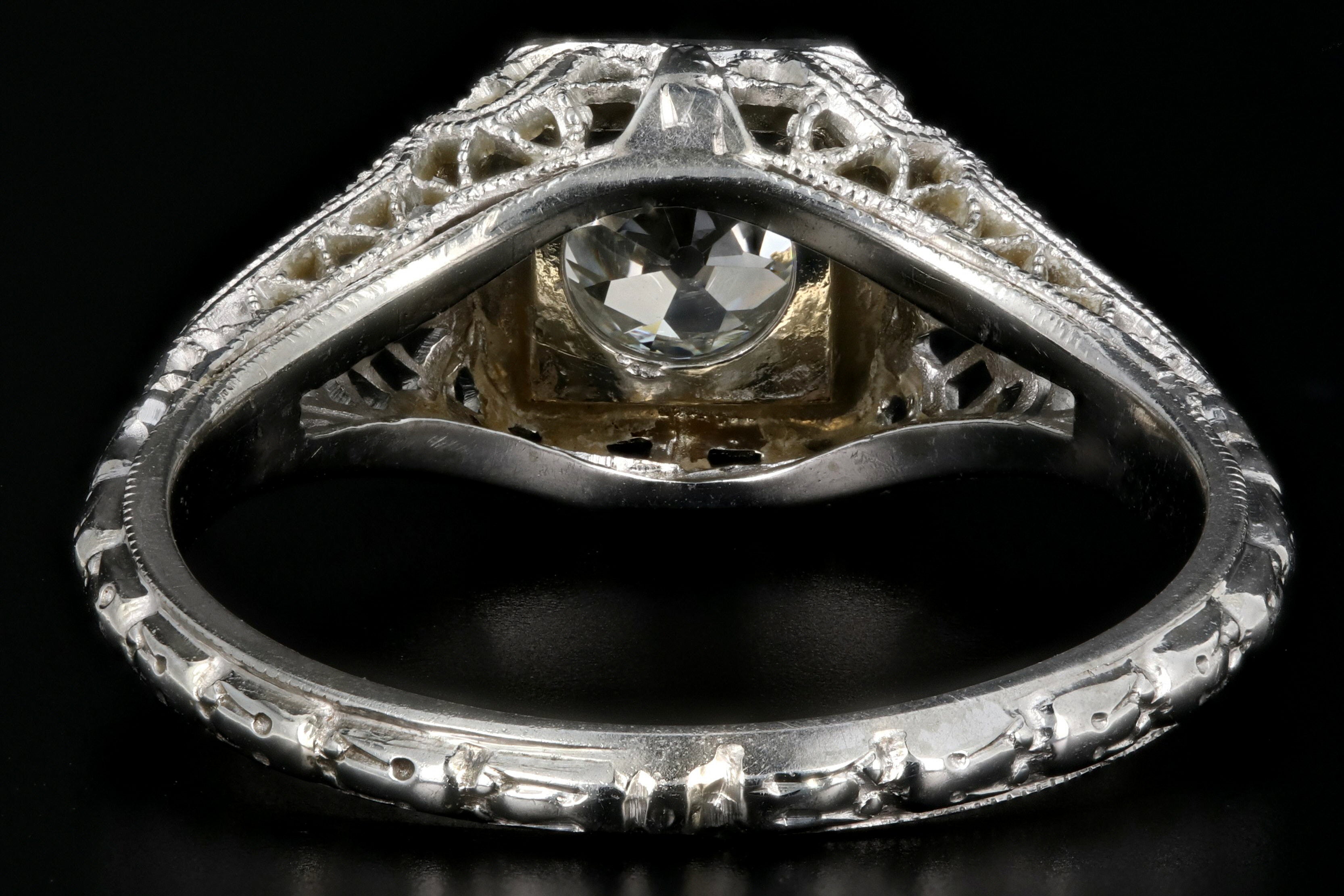 Art Deco 20K White Gold .78CT Old European Cut Diamond Engagement Ring - Queen May