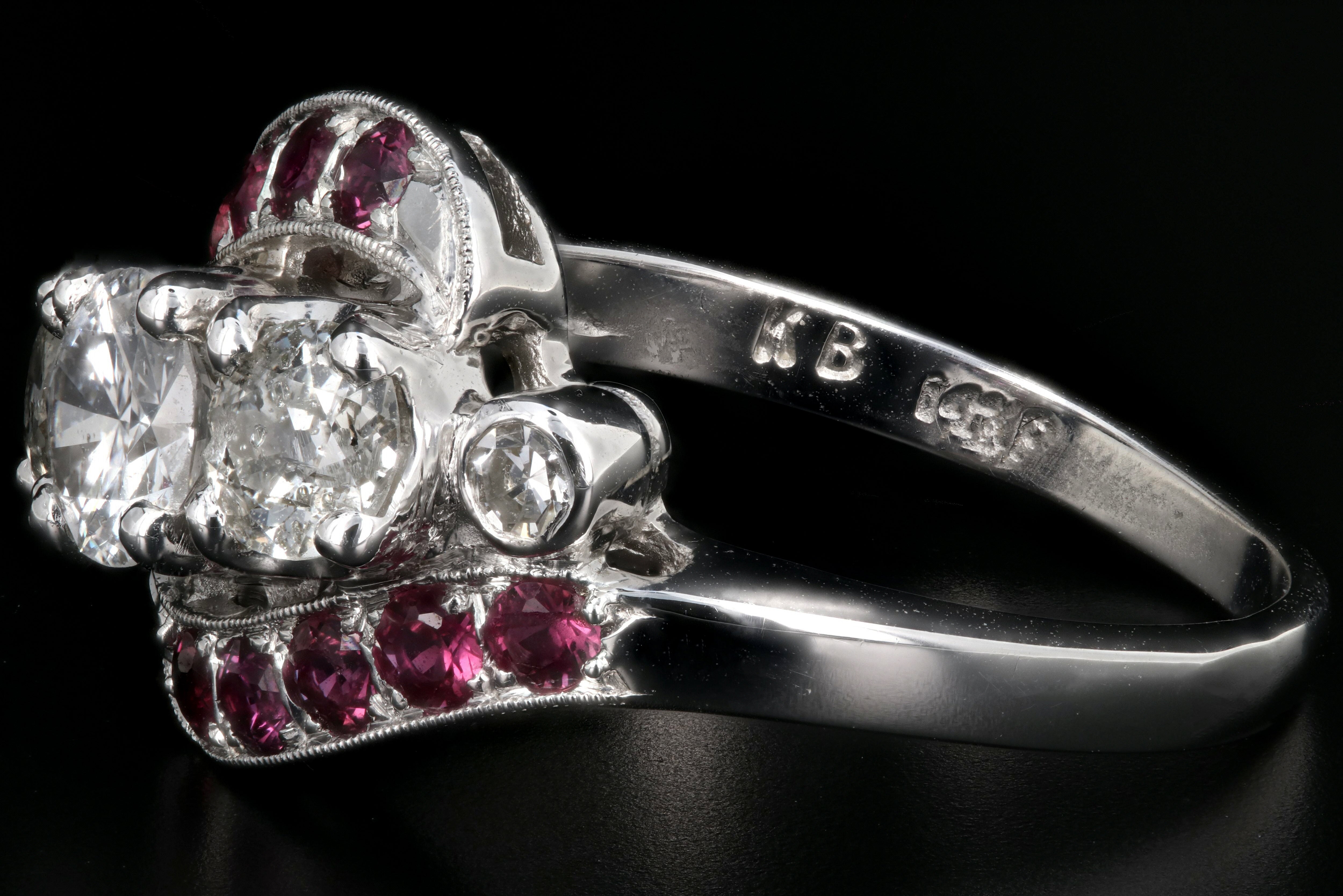 Retro 14K White Gold Diamond & Ruby Ring c.1950's - Queen May