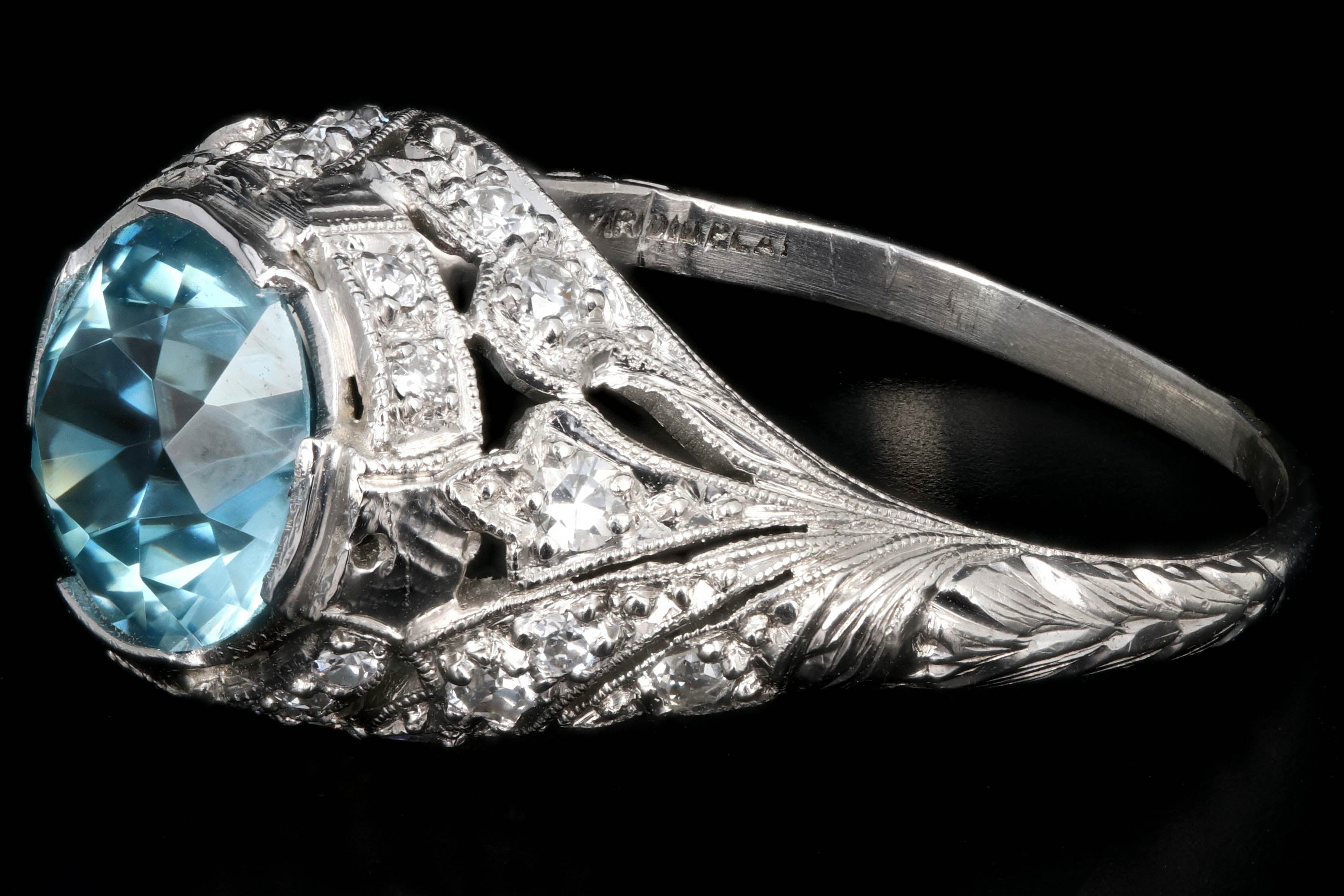 Art Deco Platinum 2.63 Carat Blue Zircon and Diamond Ring - Queen May