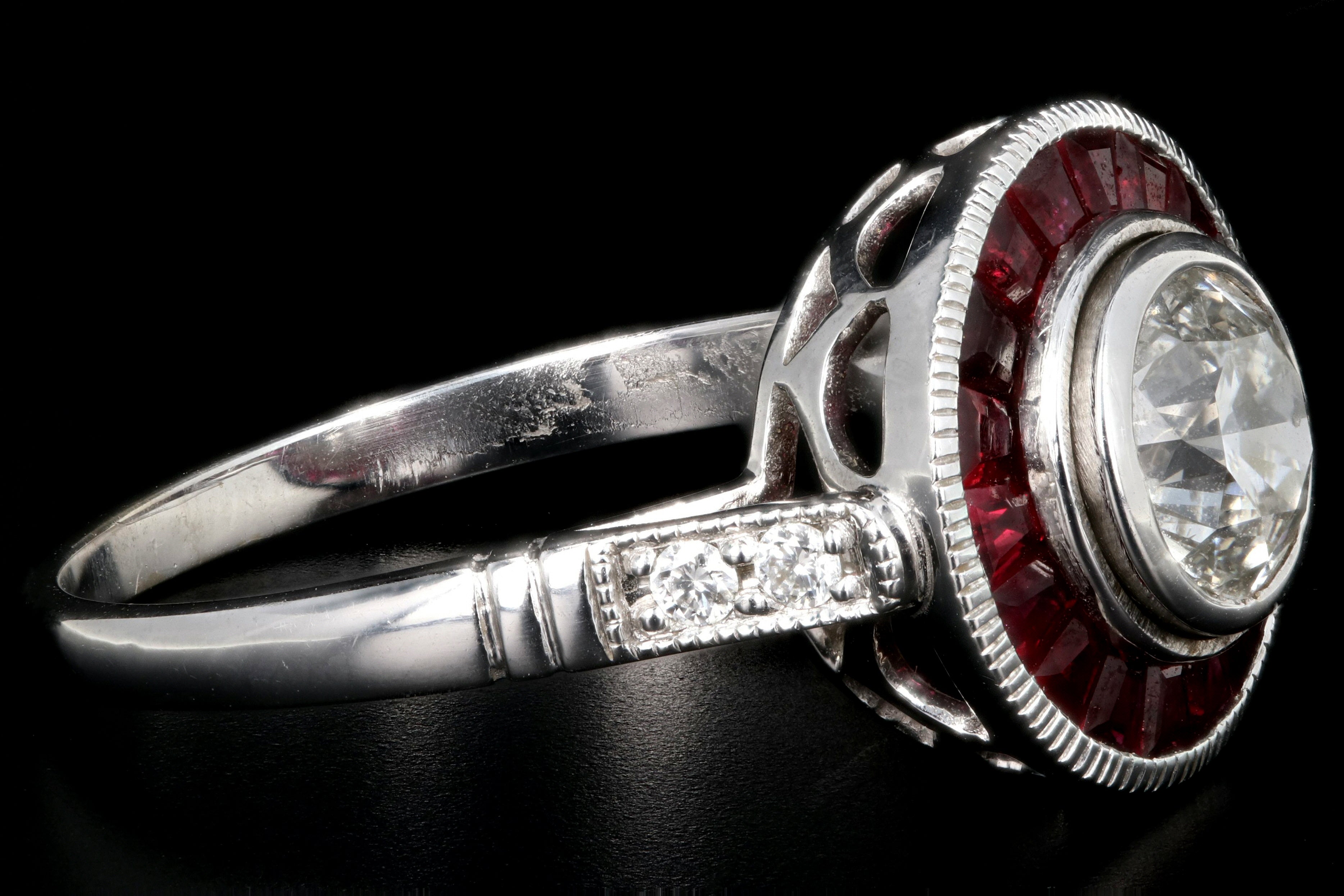 Art Deco Style 14K White Gold 1 Carat Diamond Ruby Halo Engagement Ring - Queen May