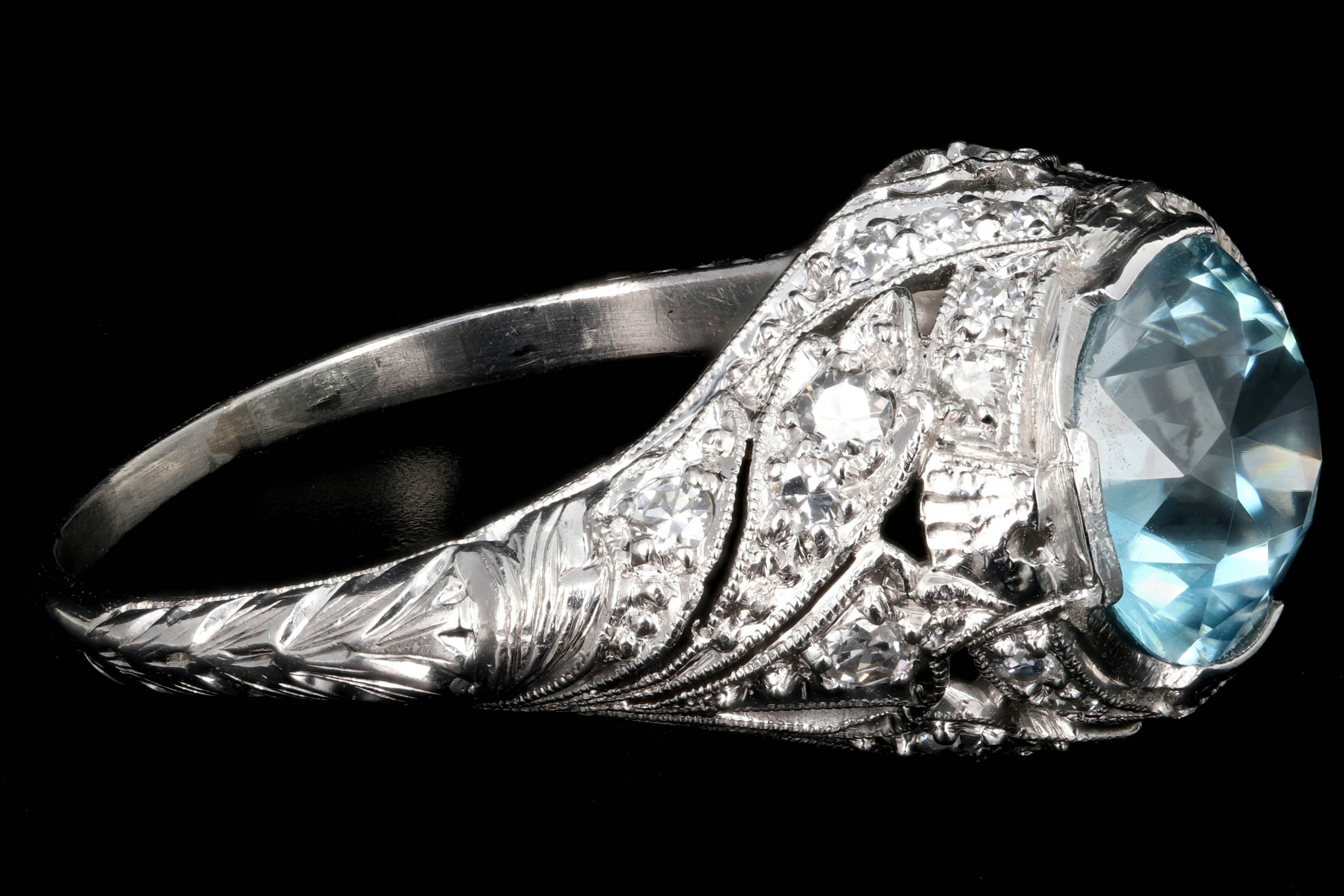Art Deco Platinum 2.63 Carat Blue Zircon and Diamond Ring - Queen May