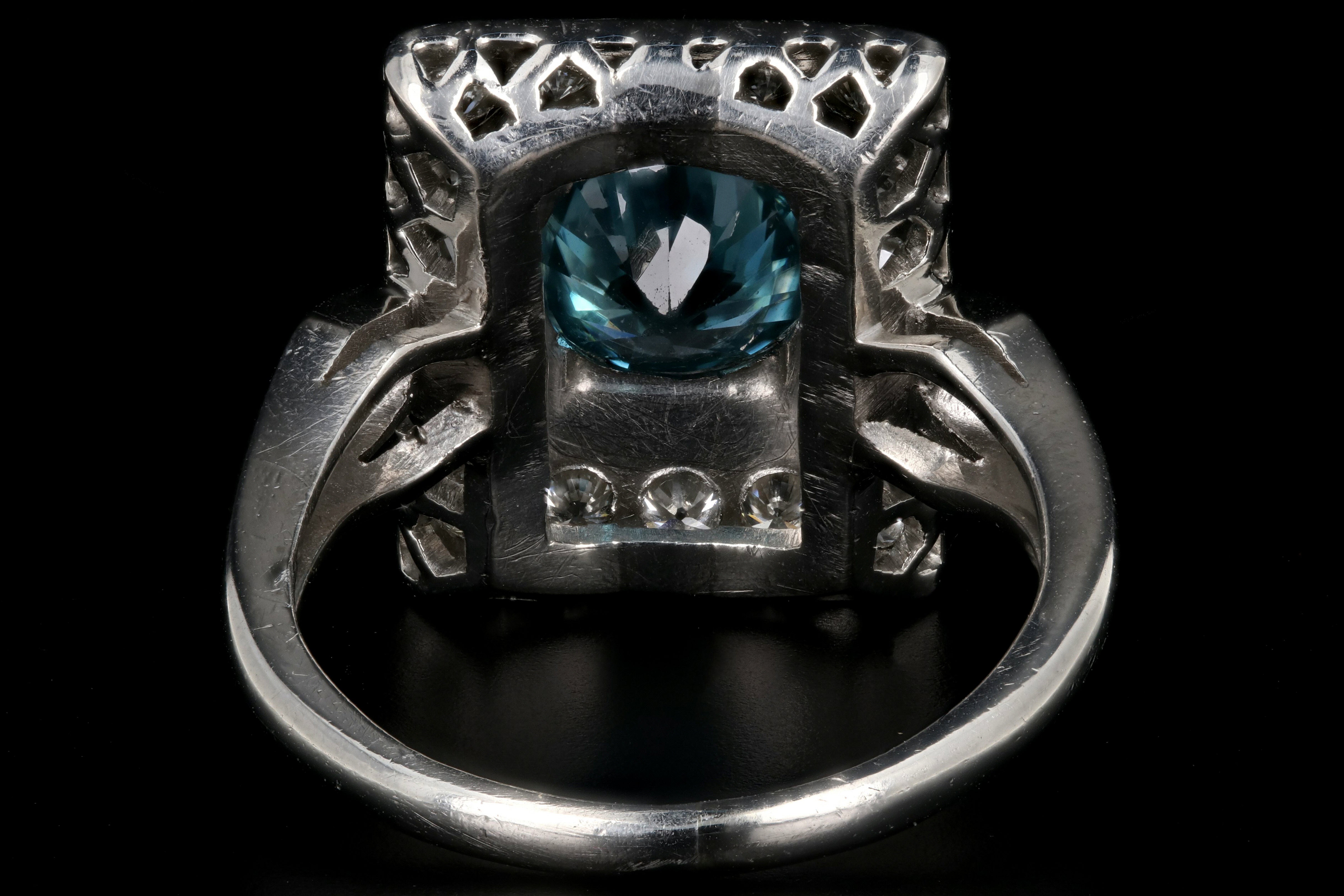 Mid Century Platinum 2.2CT Blue Zircon and Diamond Ring - Queen May