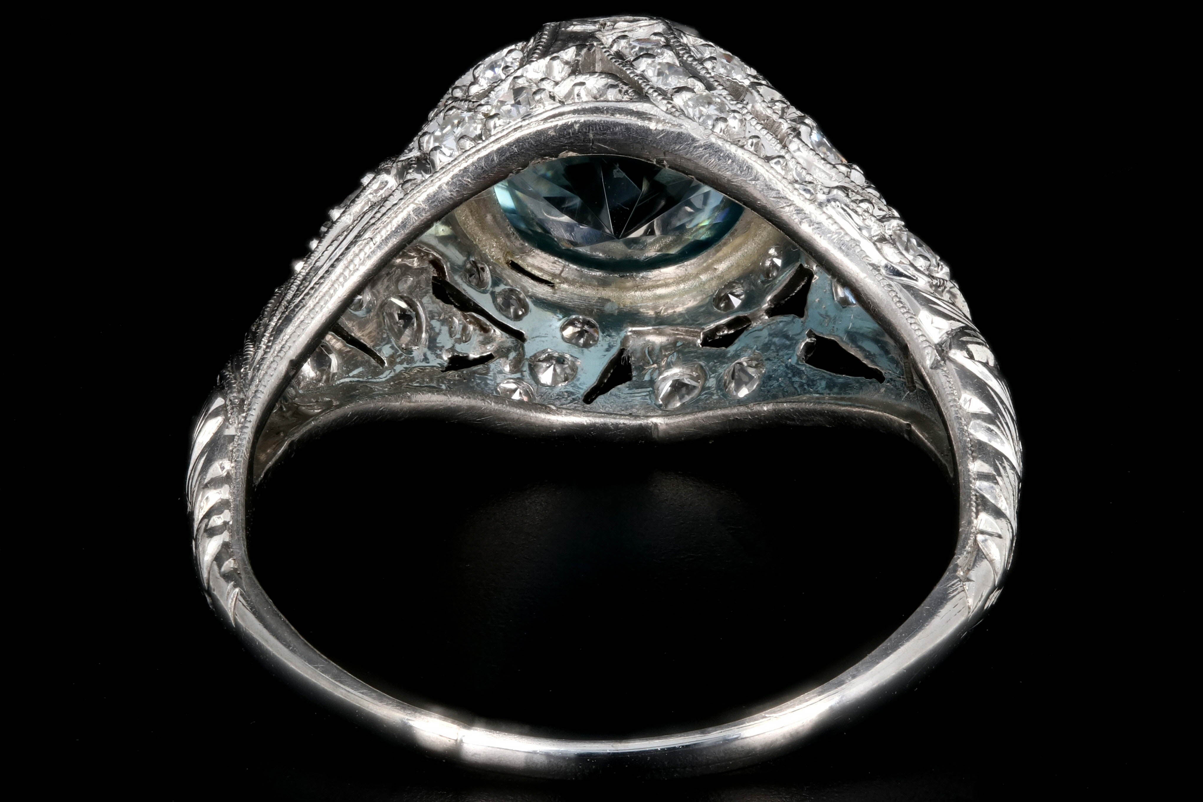 Art Deco Platinum 2.63 Carat Blue Zircon and Diamond Ring - Queen May