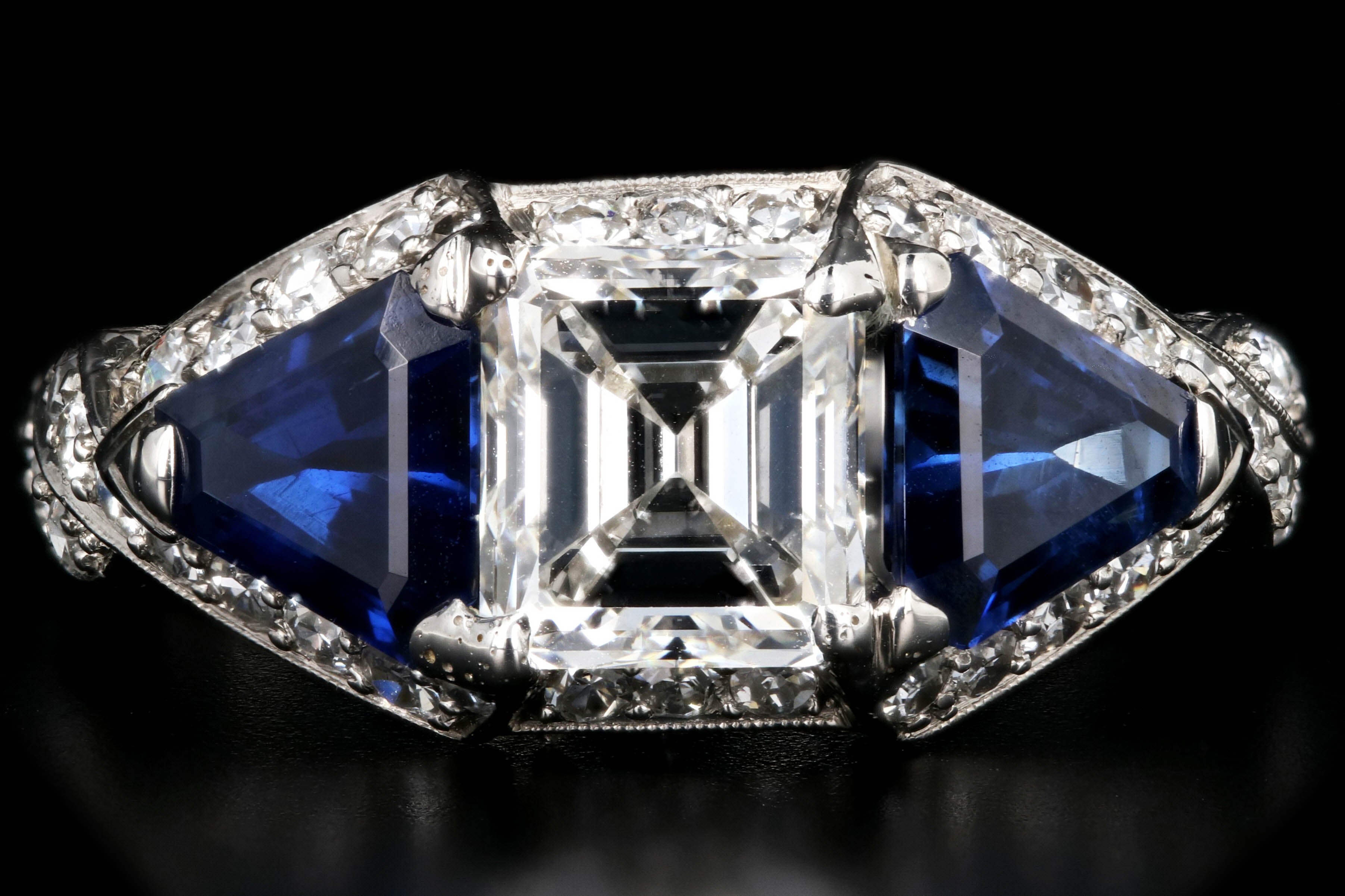 Art Deco Style Platinum Square Cut Emerald 1.64 Carat Diamond and Sapphire Ring GIA Certified - Queen May