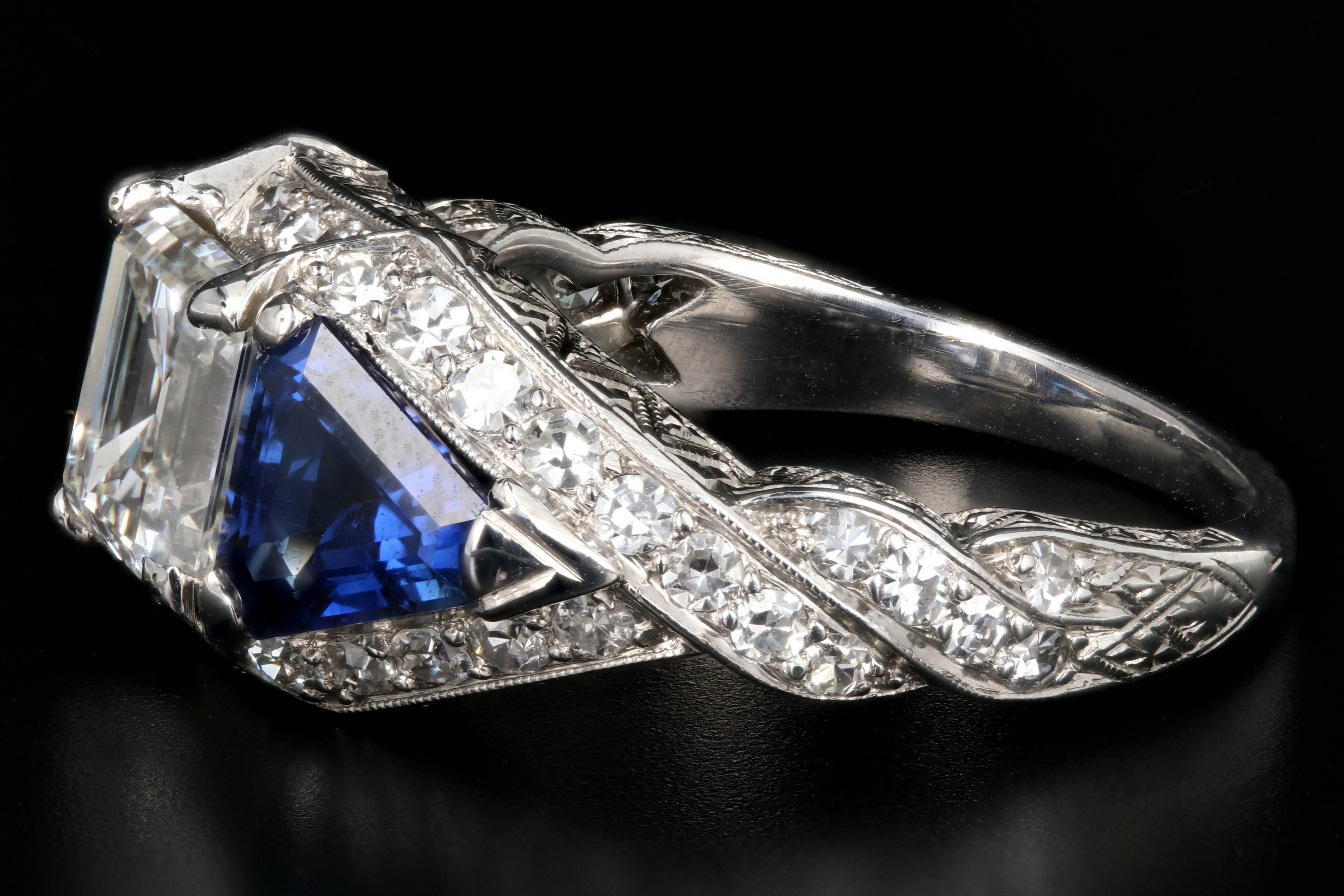 Art Deco Style Platinum Square Cut Emerald 1.64 Carat Diamond and Sapphire Ring GIA Certified - Queen May