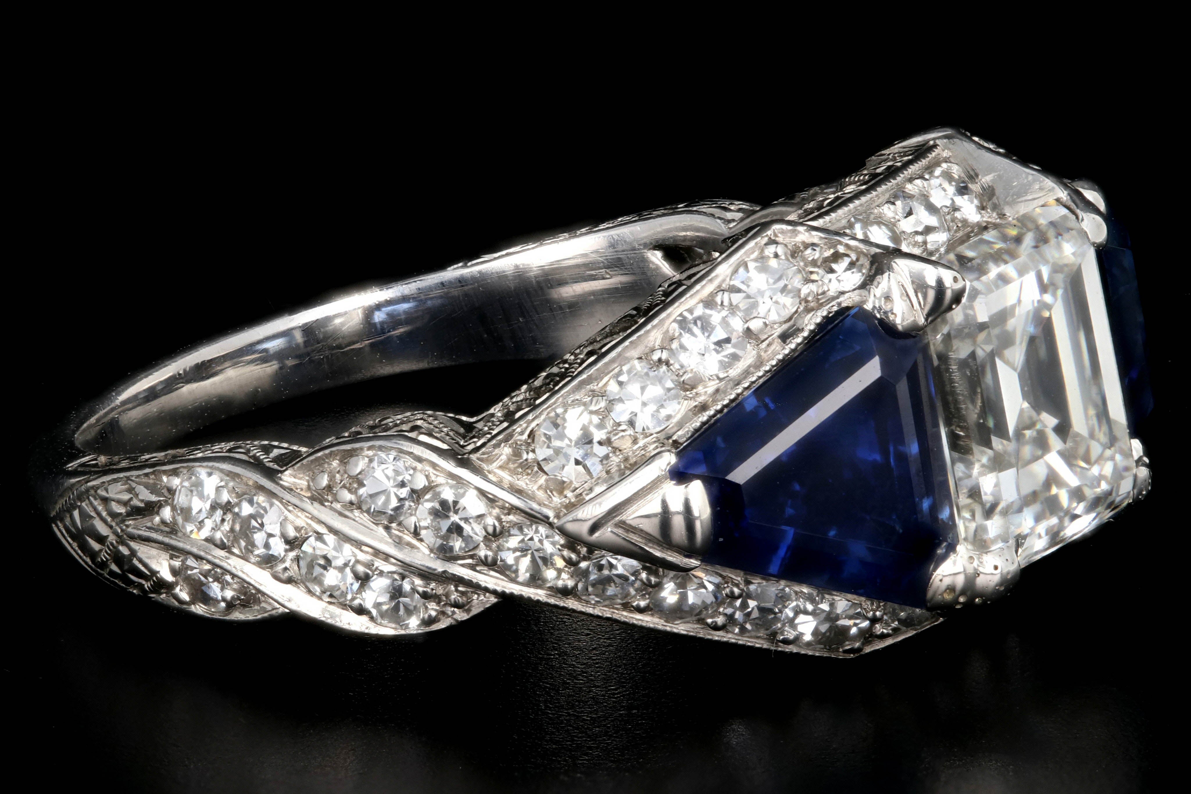 Art Deco Style Platinum Square Cut Emerald 1.64 Carat Diamond and Sapphire Ring GIA Certified - Queen May