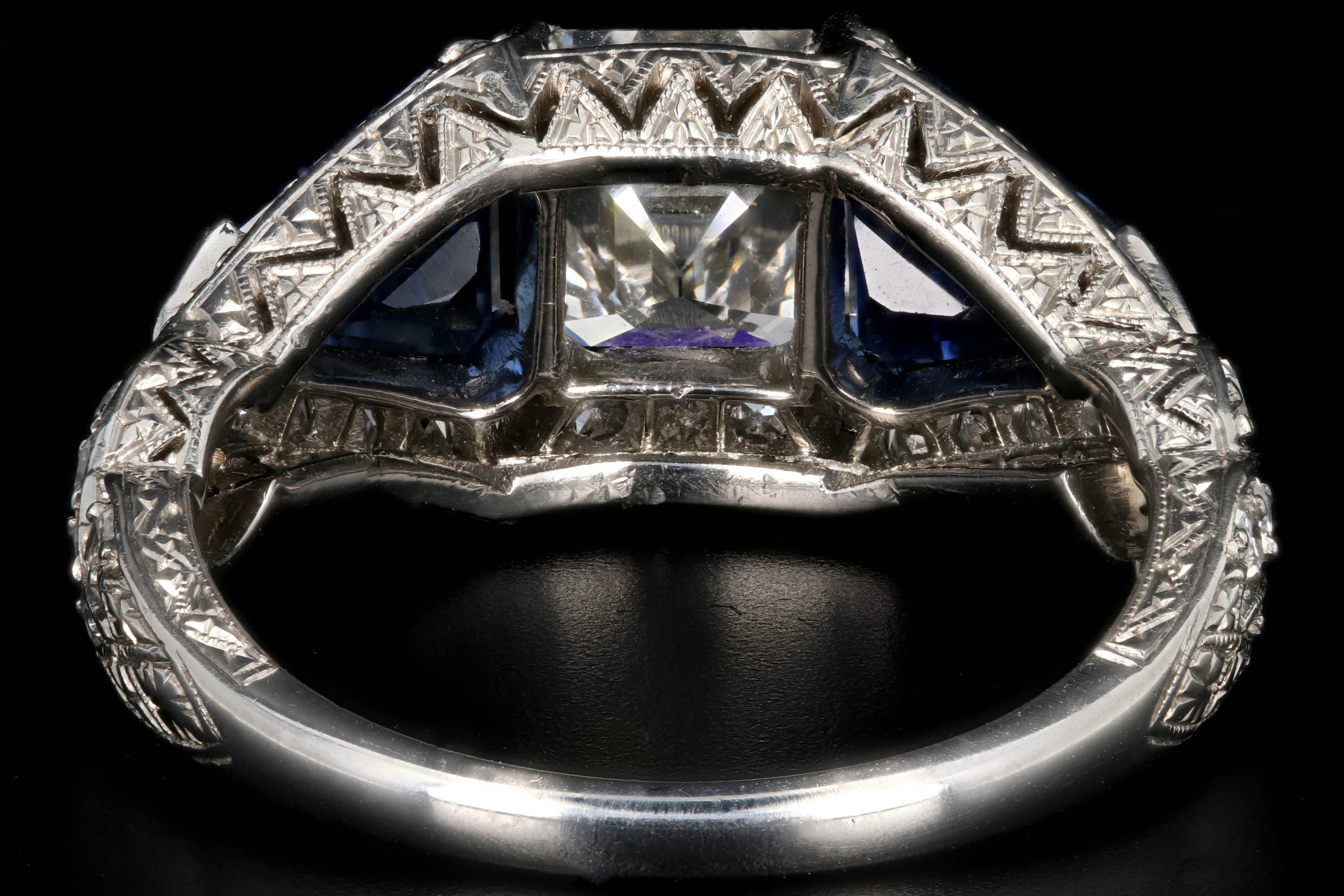 Art Deco Style Platinum Square Cut Emerald 1.64 Carat Diamond and Sapphire Ring GIA Certified - Queen May