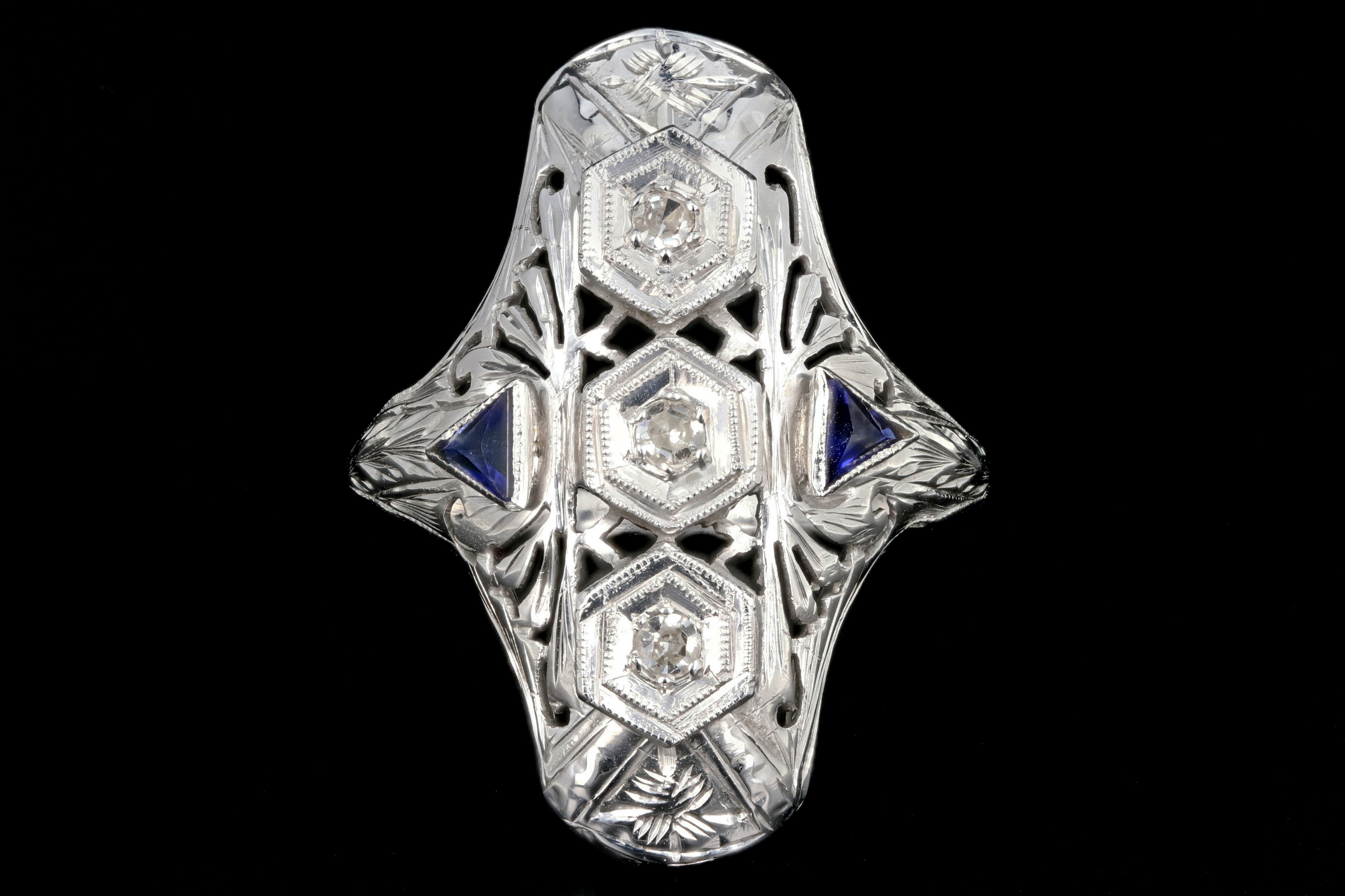 Art Deco 18K White Gold Diamond Sapphire 3 Stone Ring c.1920's - Queen May