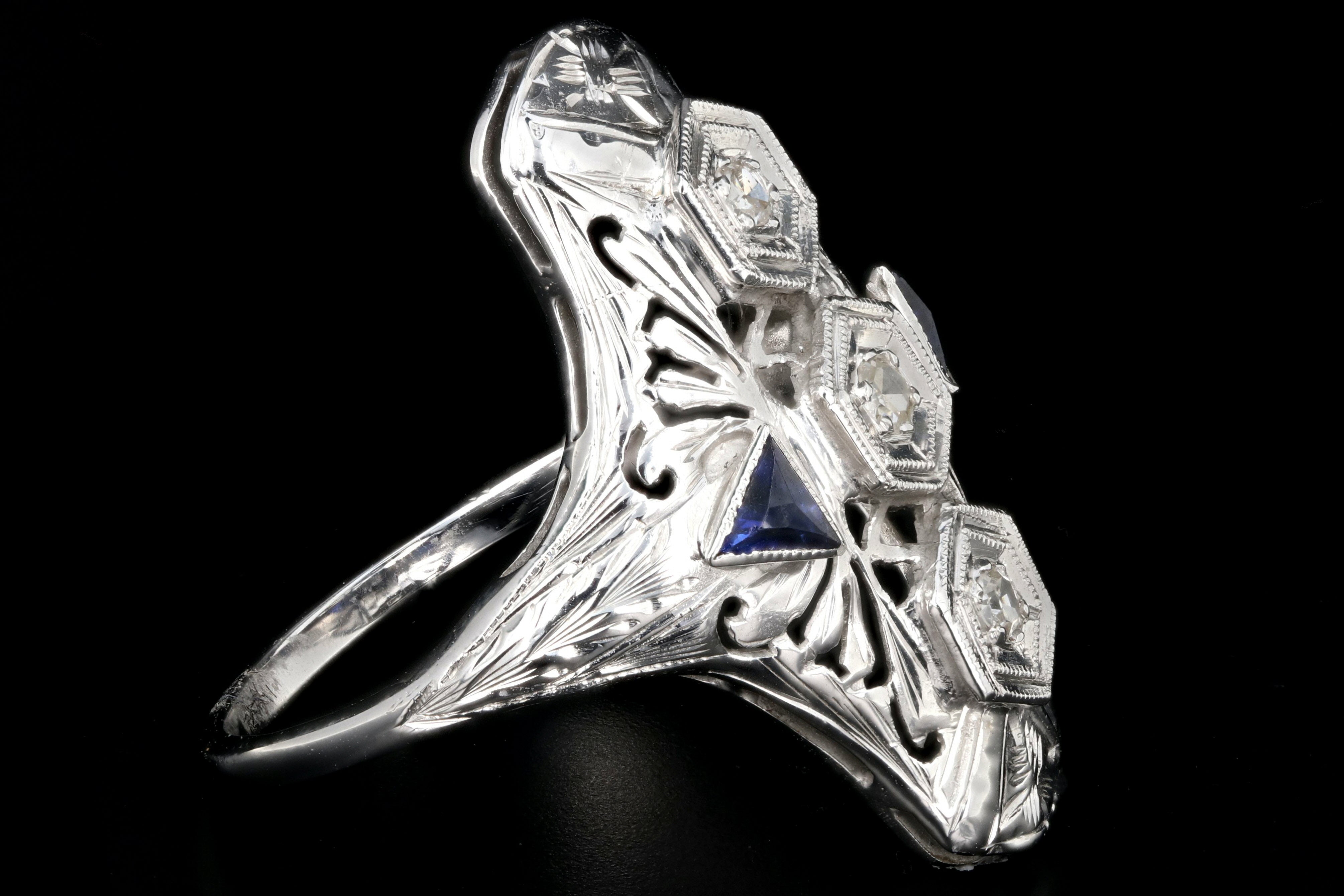 Art Deco 18K White Gold Diamond Sapphire 3 Stone Ring c.1920's - Queen May