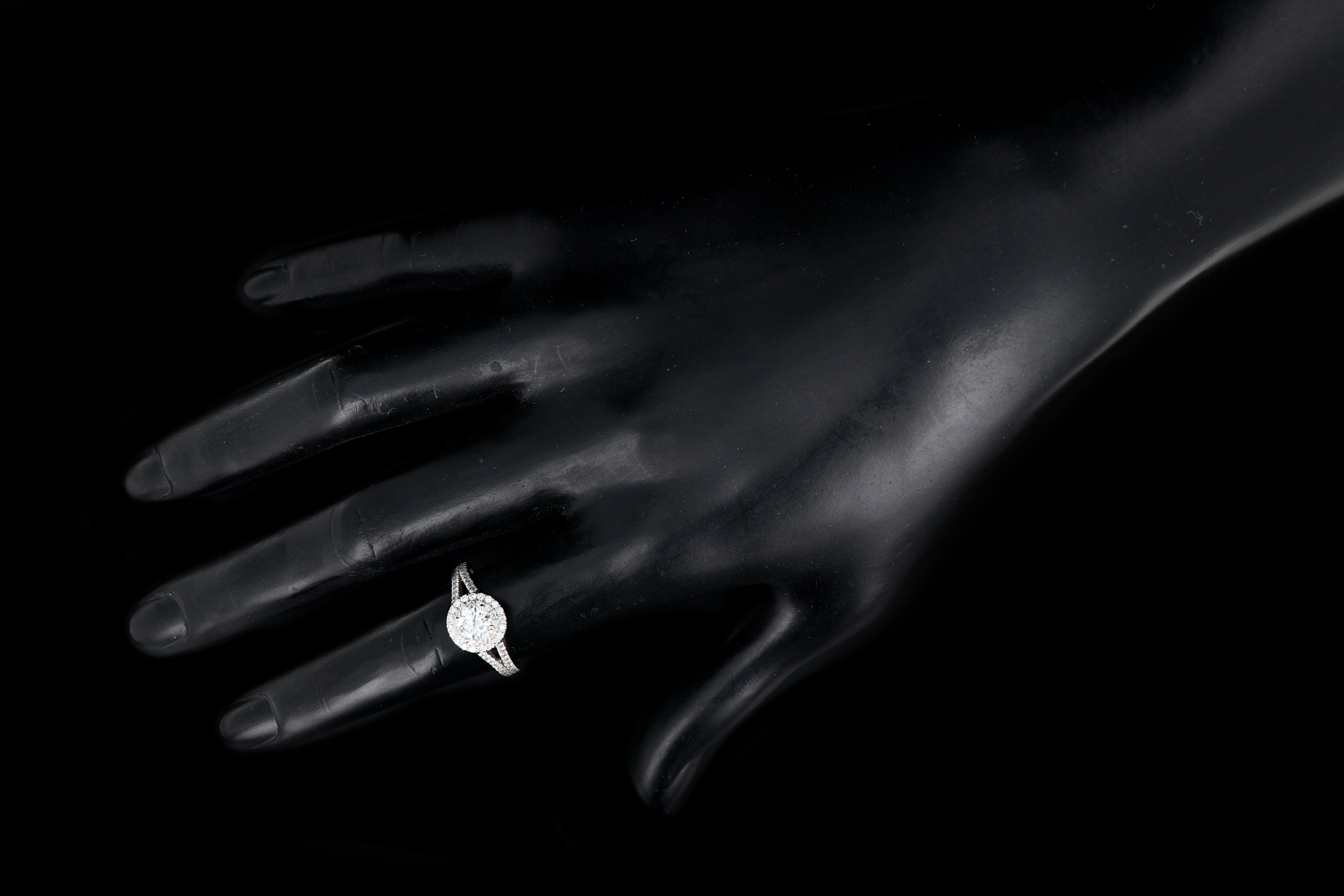 New 18K White Gold .55 Carat Round Brilliant Cut Double Halo Split Shank Engagement Ring - Queen May
