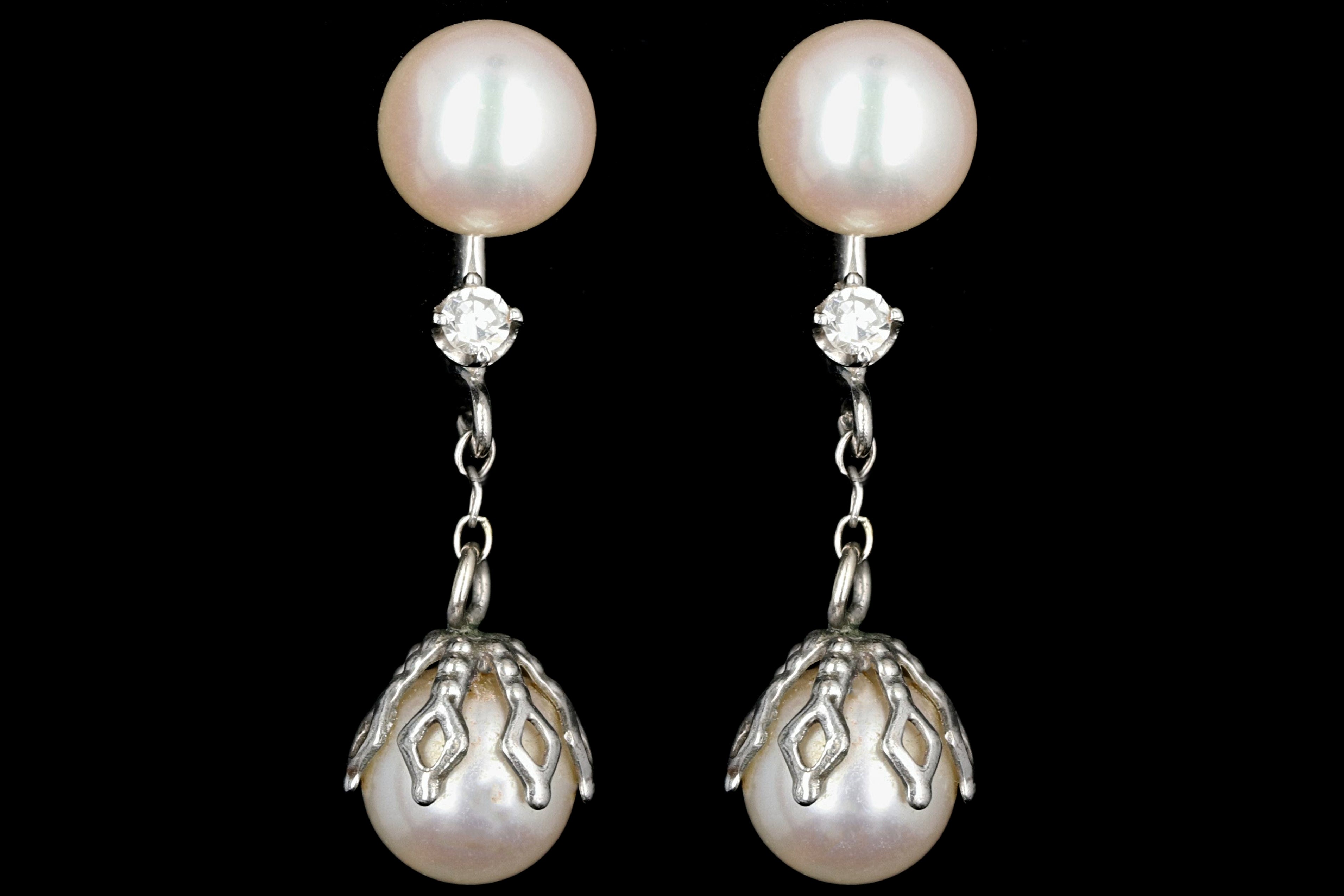 Retro 14K White Gold Double Pearl Drop Diamond Screwback Earrings c.1950's - Queen May
