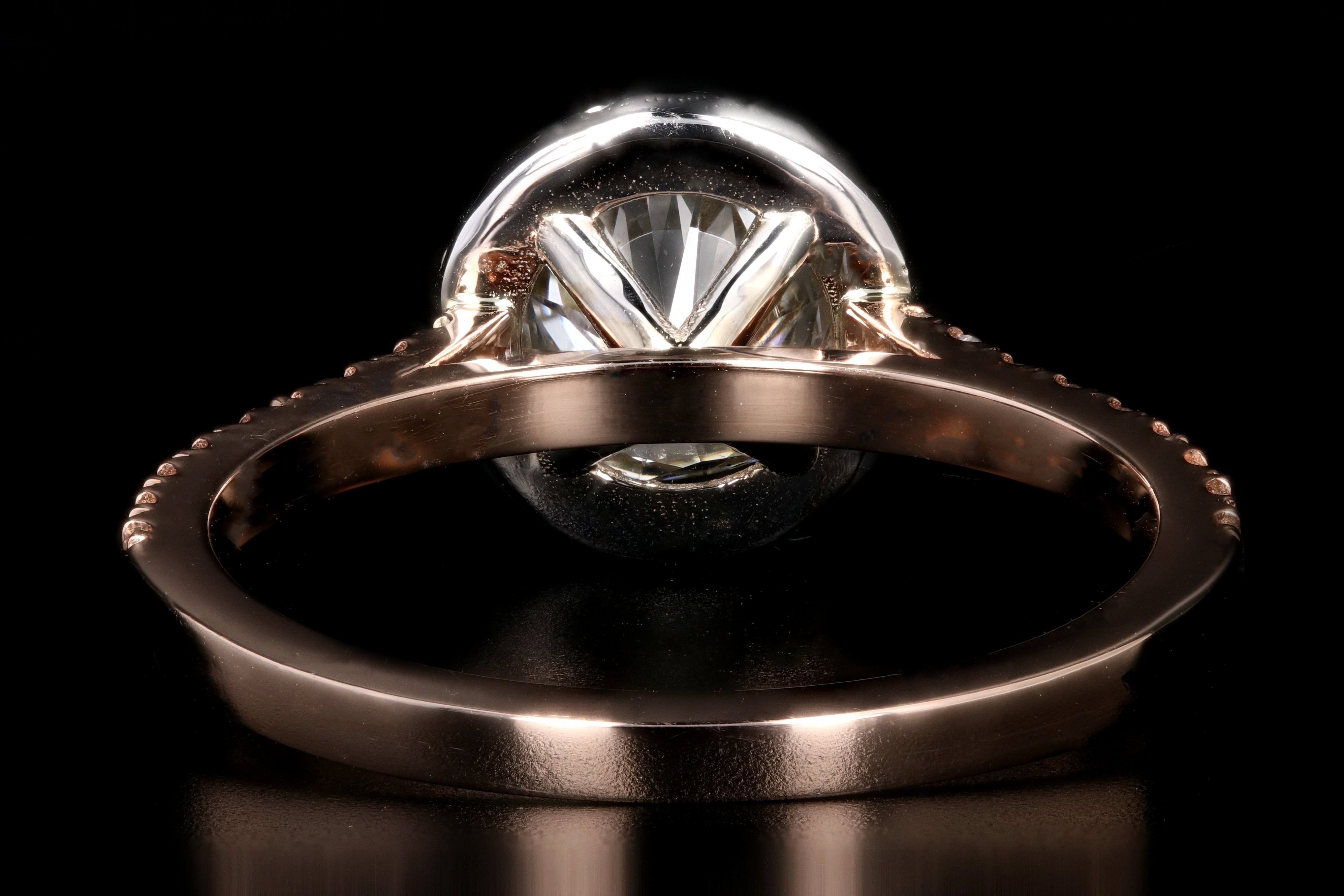New 18K Rose Gold 1.23 Carat Round Brilliant Cut Halo Diamond Engagement Ring GIA Certified - Queen May