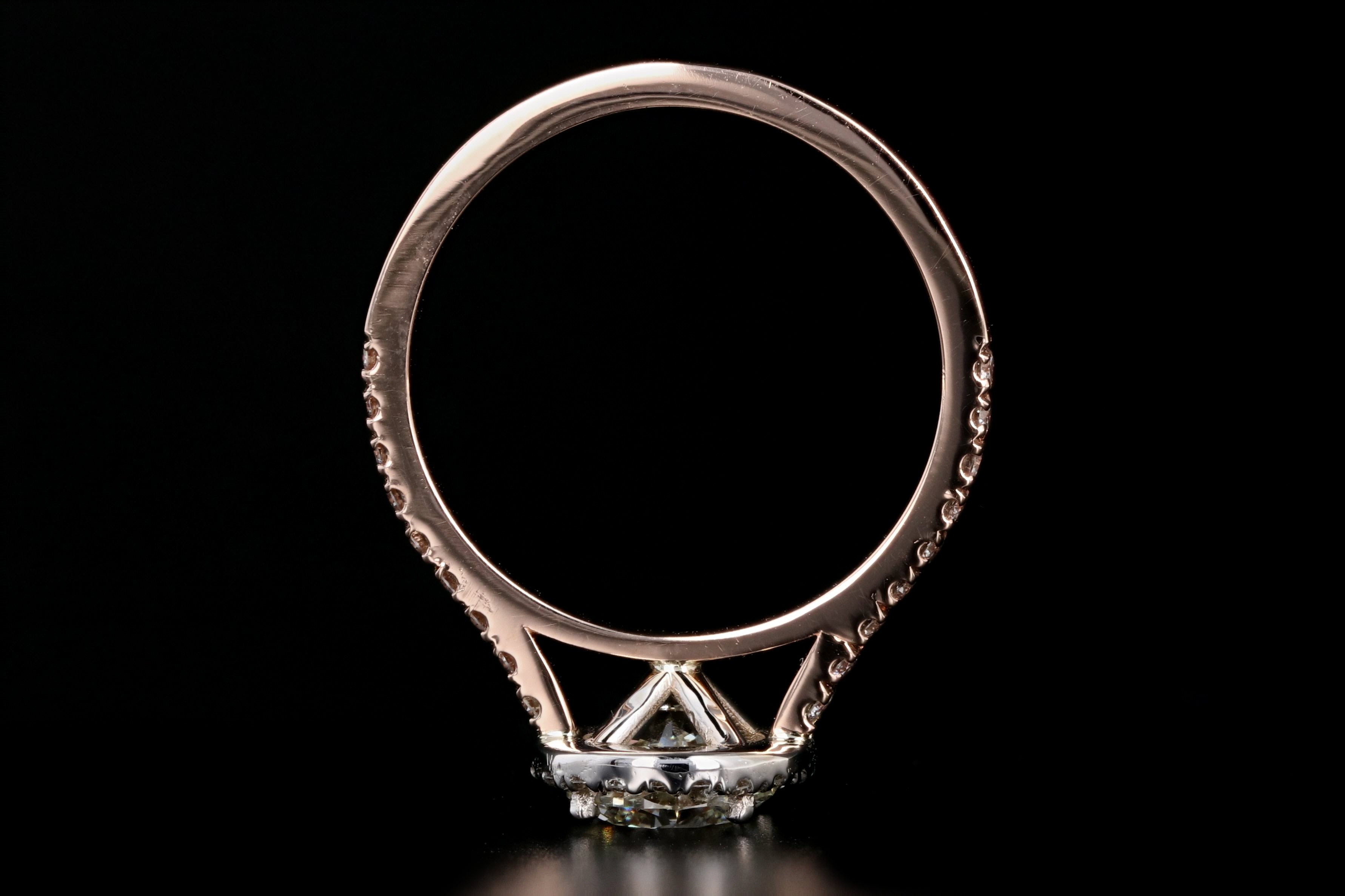 New 18K Rose Gold 1.23 Carat Round Brilliant Cut Halo Diamond Engagement Ring GIA Certified - Queen May